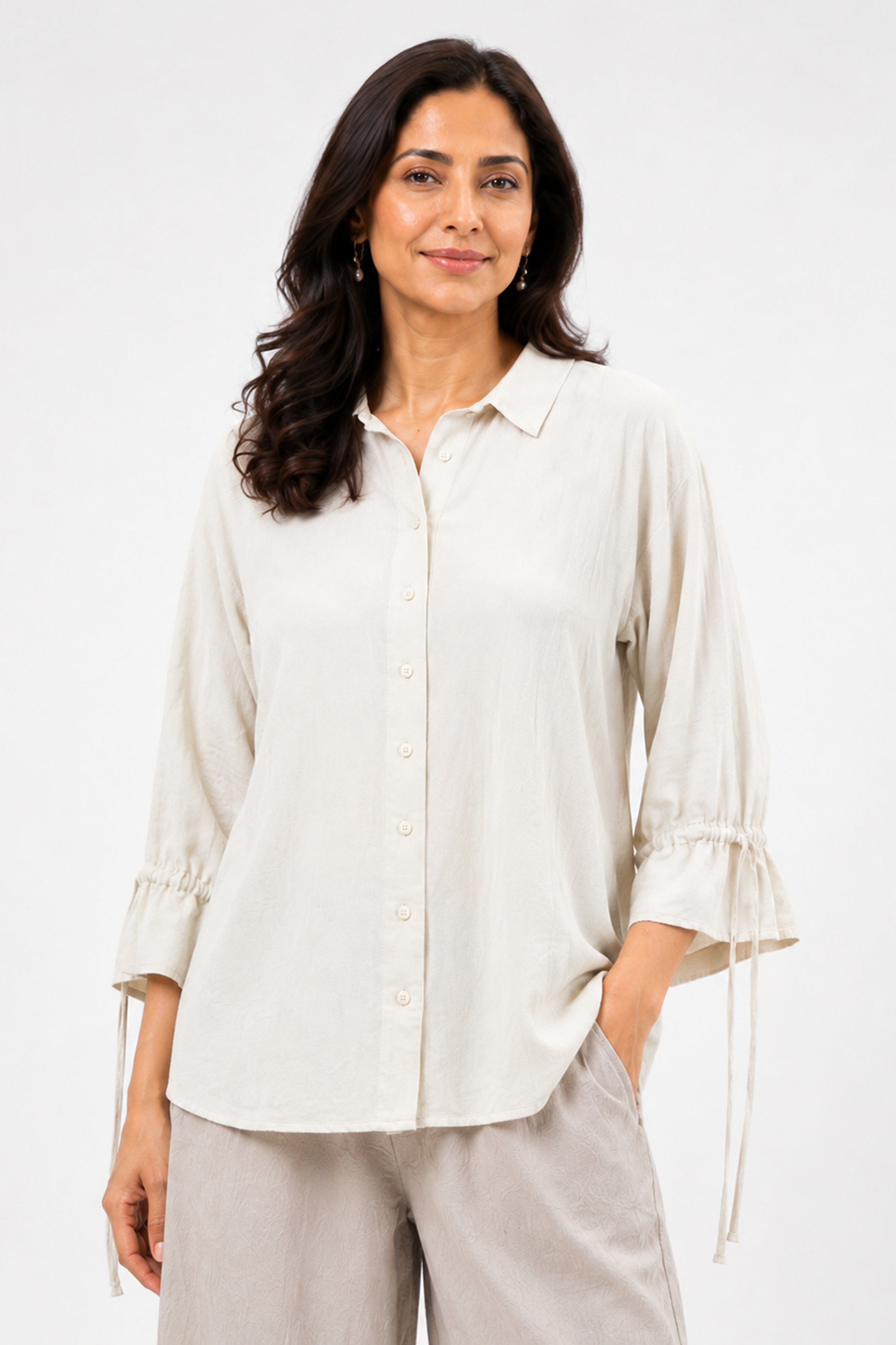 HADA Casual Relaxed Fit Button-Front Top - Off Ash