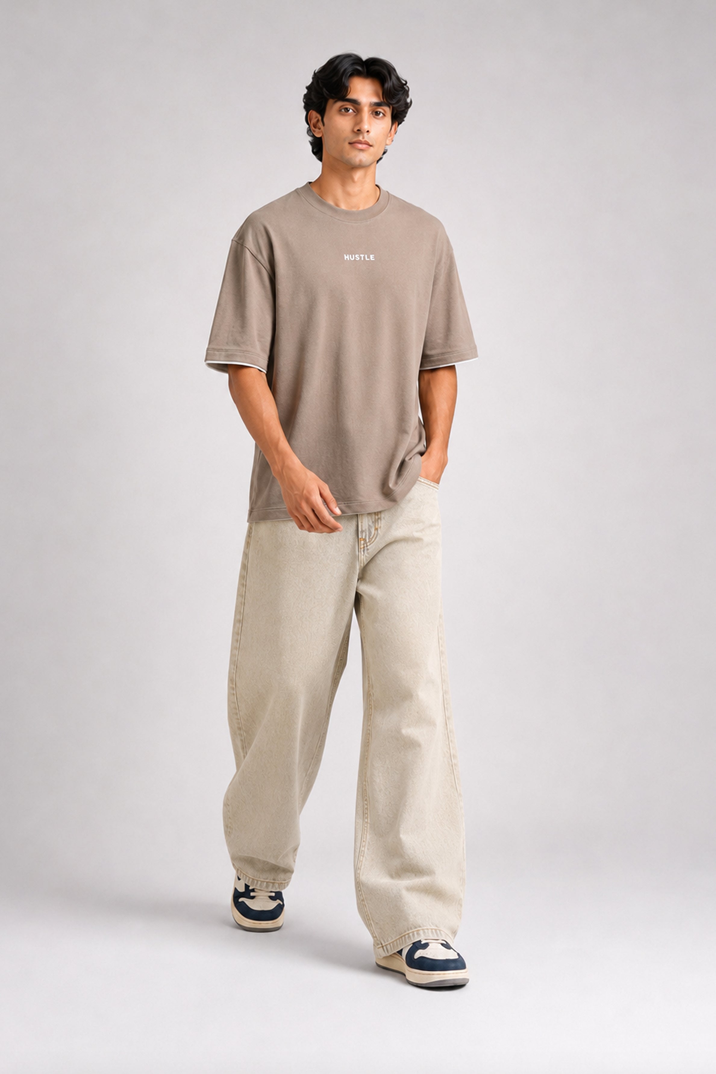 HUSTLE Men's Crew Neck Oversized Tees - Khaki