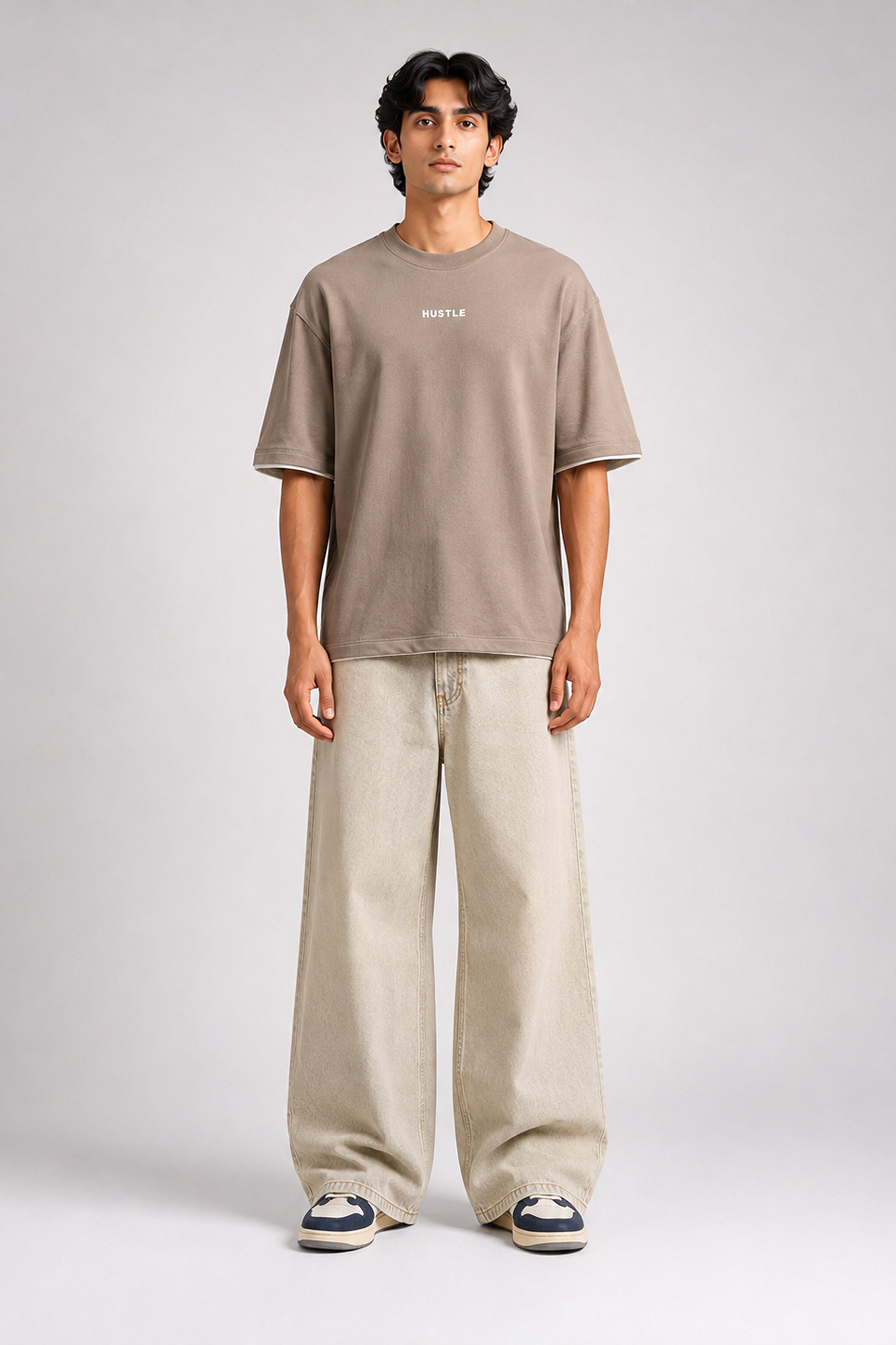 HUSTLE Men's Crew Neck Oversized Tees - Khaki