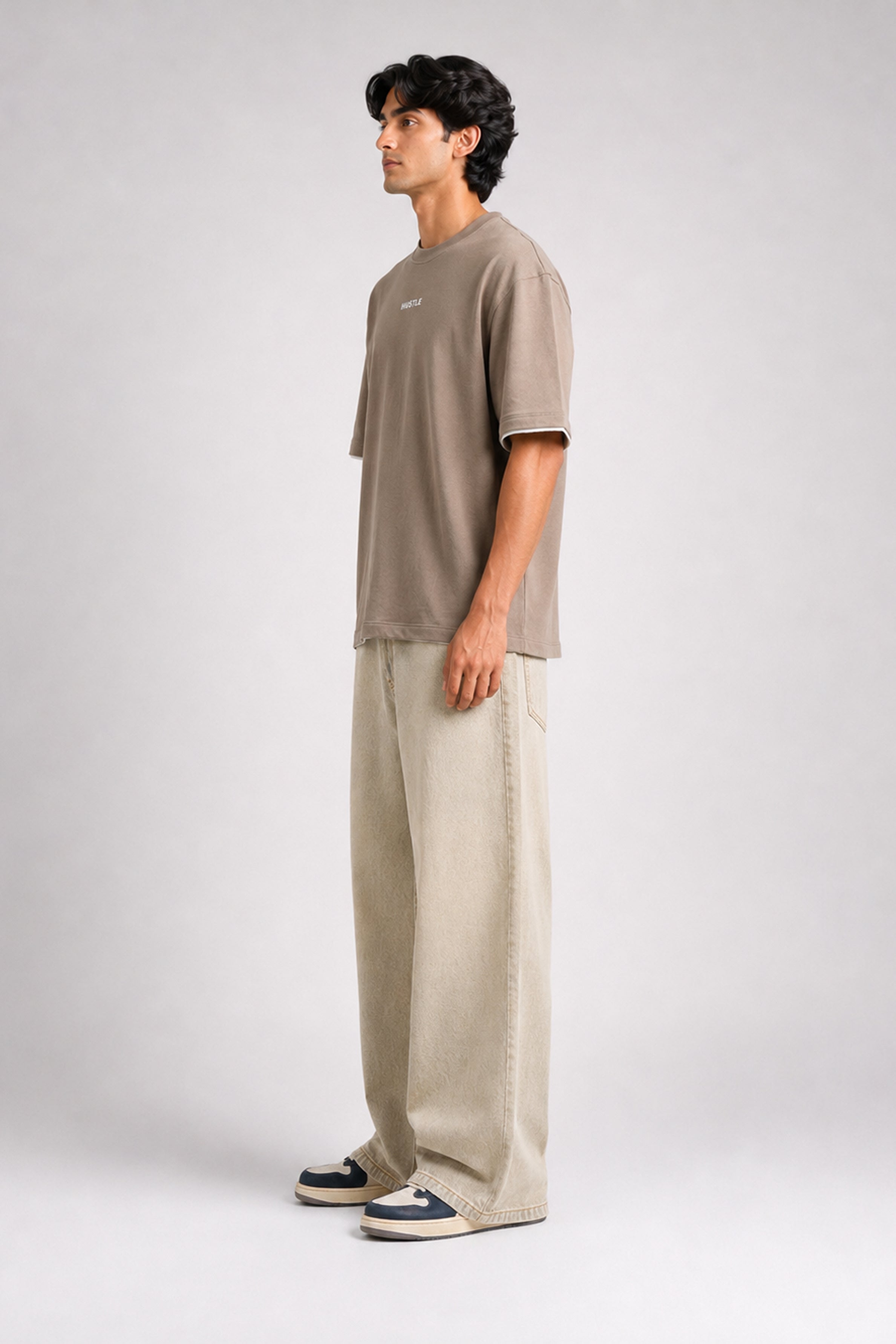 HUSTLE Men's Crew Neck Oversized Tees - Khaki