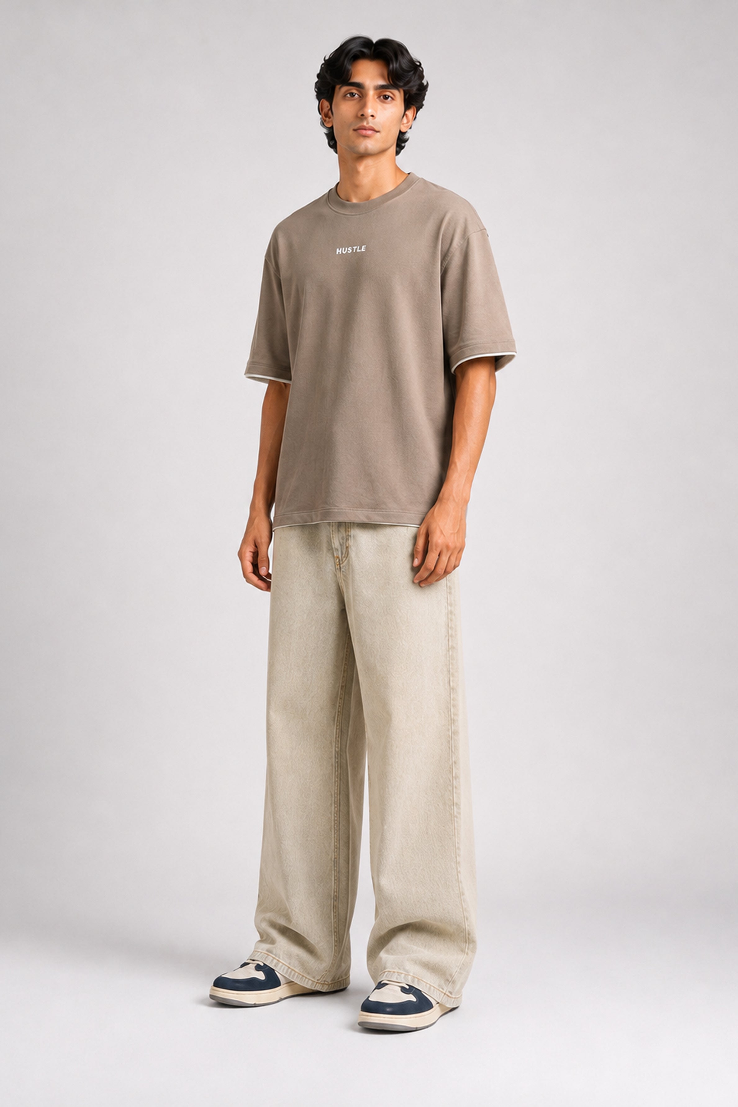 HUSTLE Men's Crew Neck Oversized Tees - Khaki