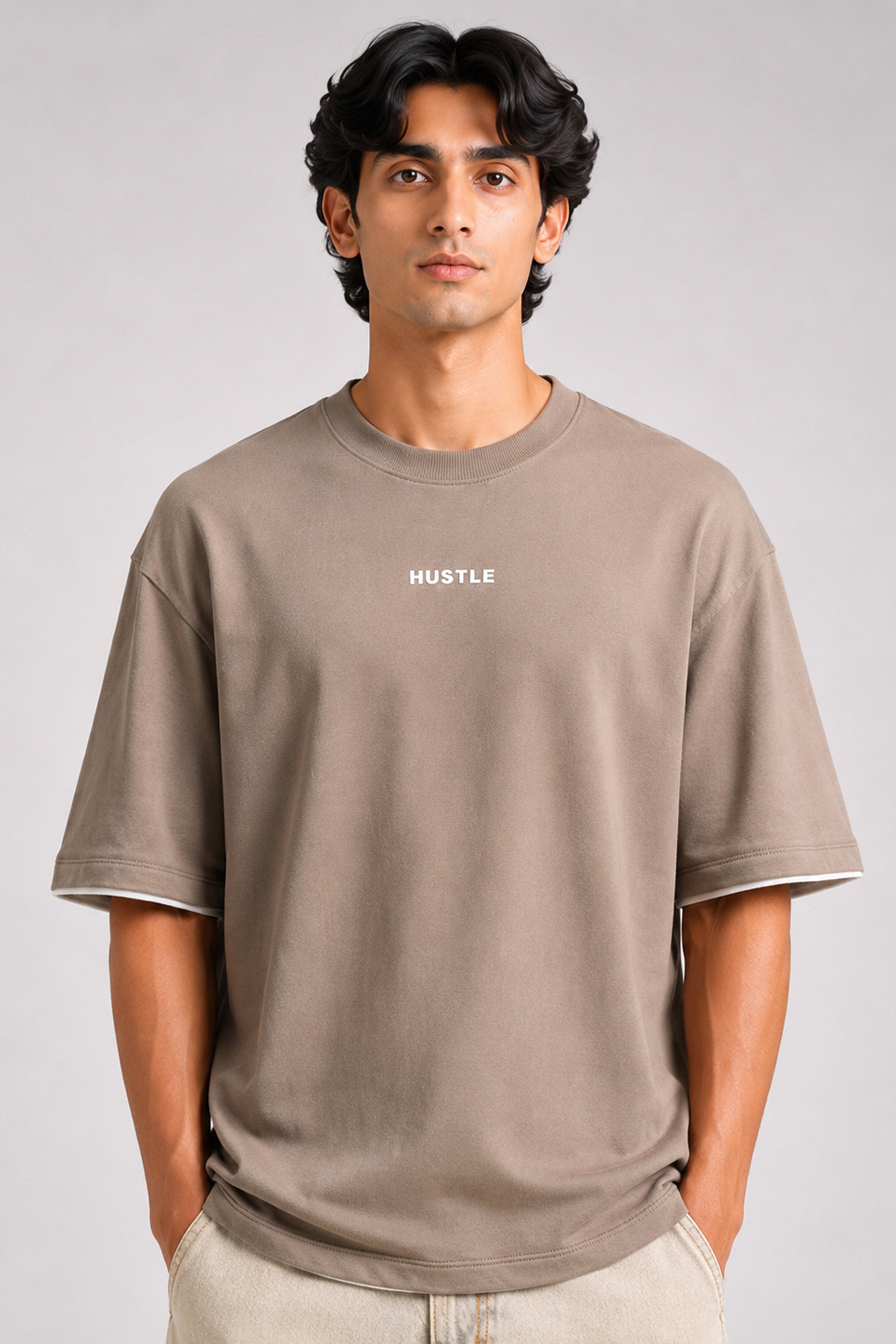 HUSTLE men's khaki oversized crew neck T-shirt in 220 GSM cotton blend