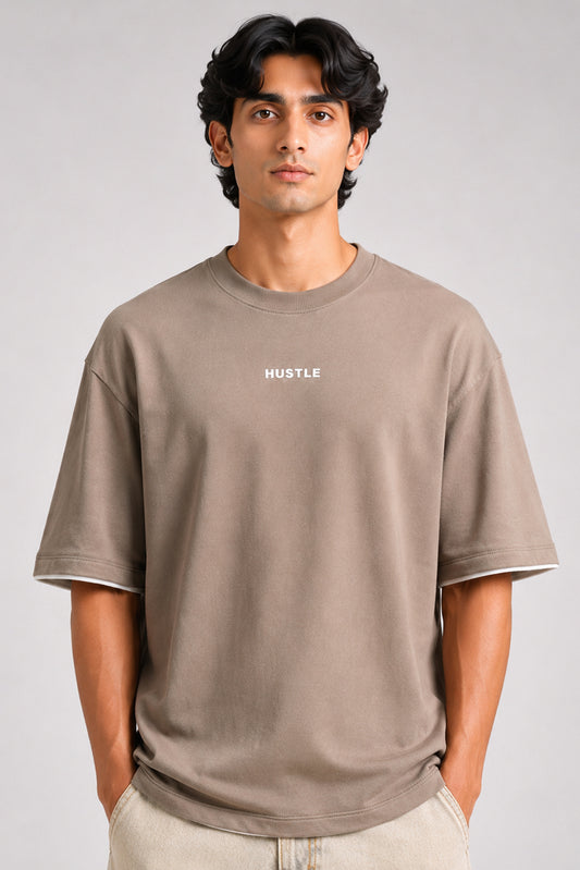 HUSTLE men's khaki oversized crew neck T-shirt in 220 GSM cotton blend