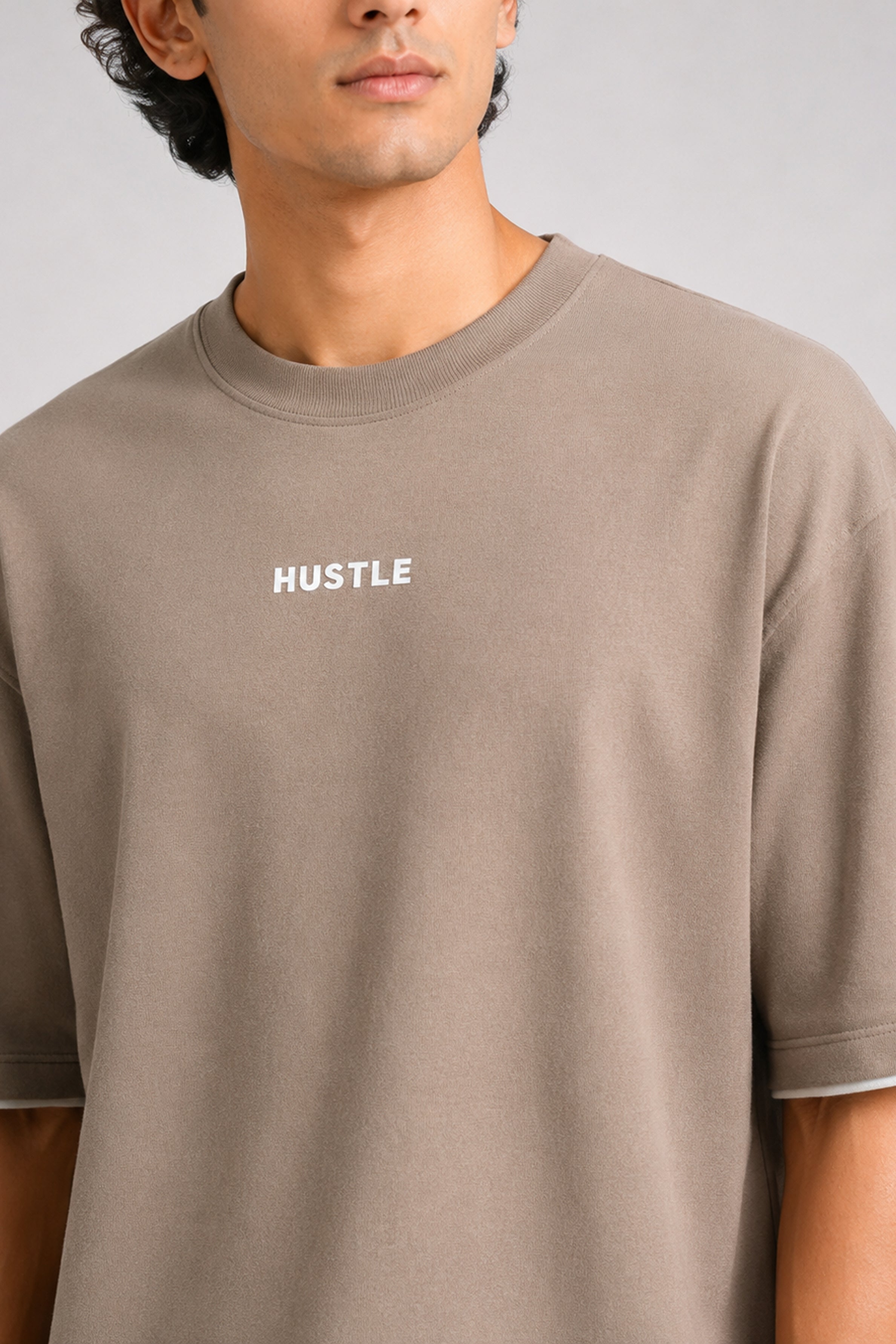 HUSTLE Men's Crew Neck Oversized Tees - Khaki