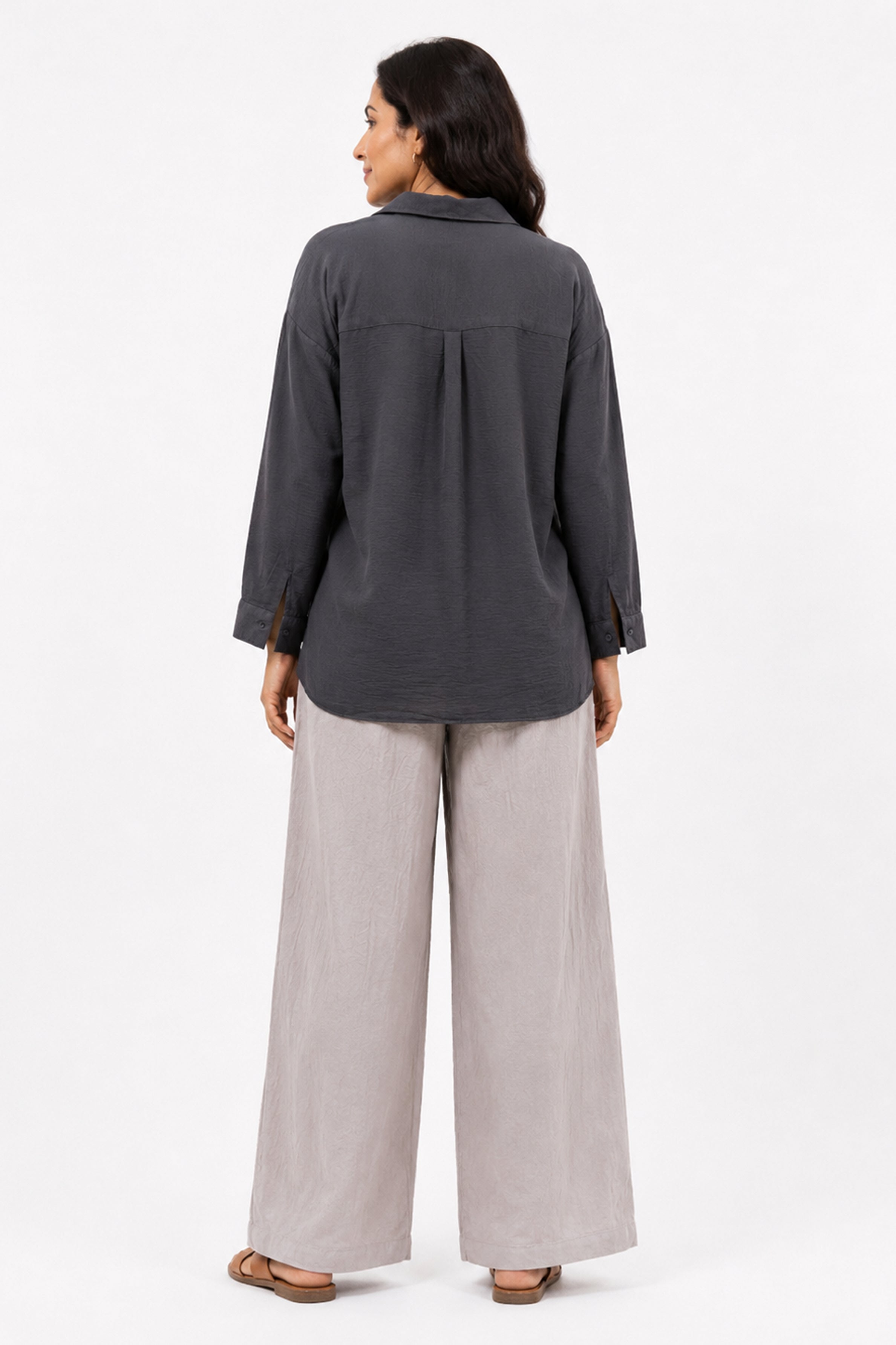 HADA Casual Relaxed Fit Button-Front Peplum Top - Dark Ash