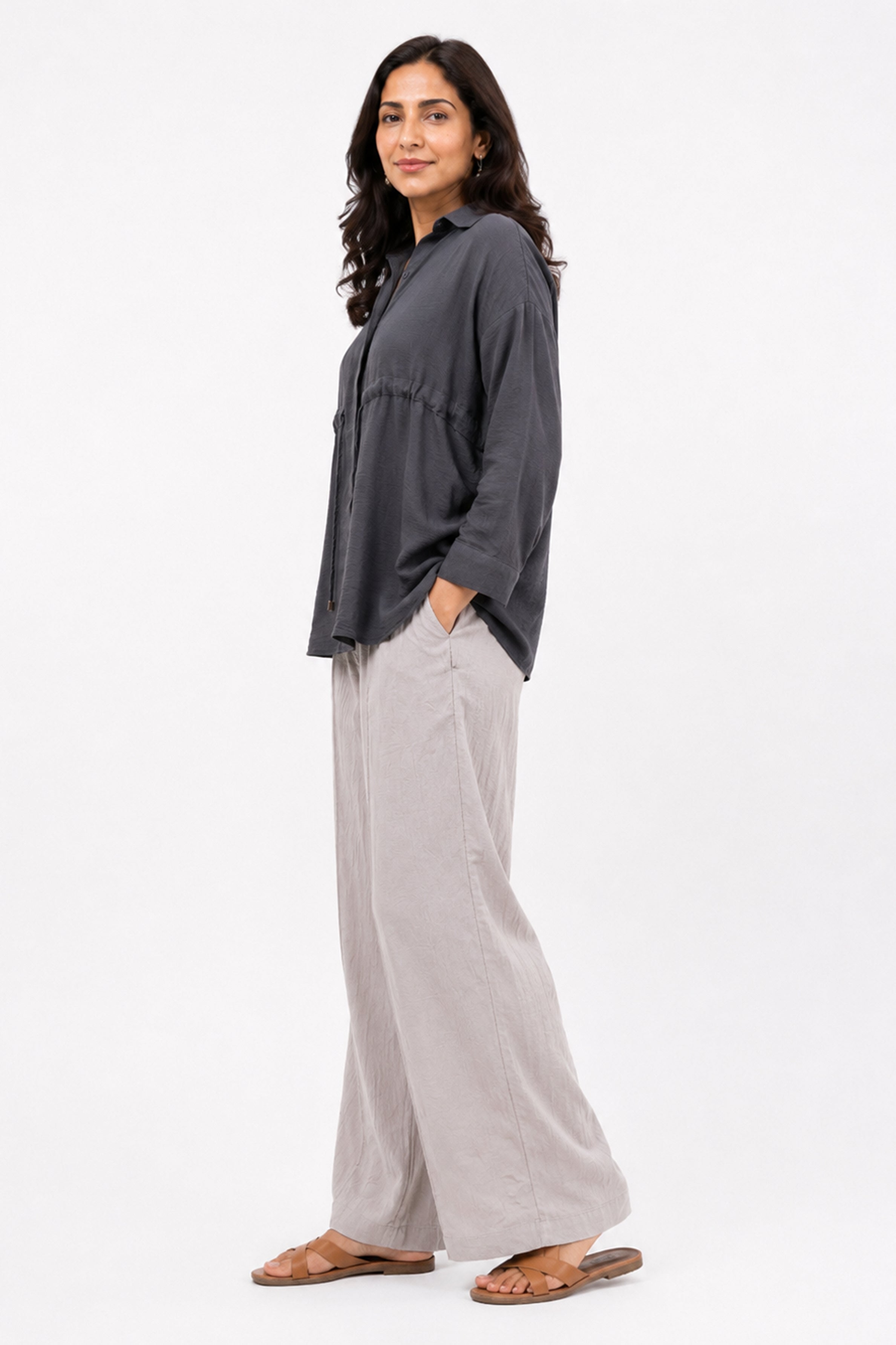 HADA Casual Relaxed Fit Button-Front Peplum Top - Dark Ash