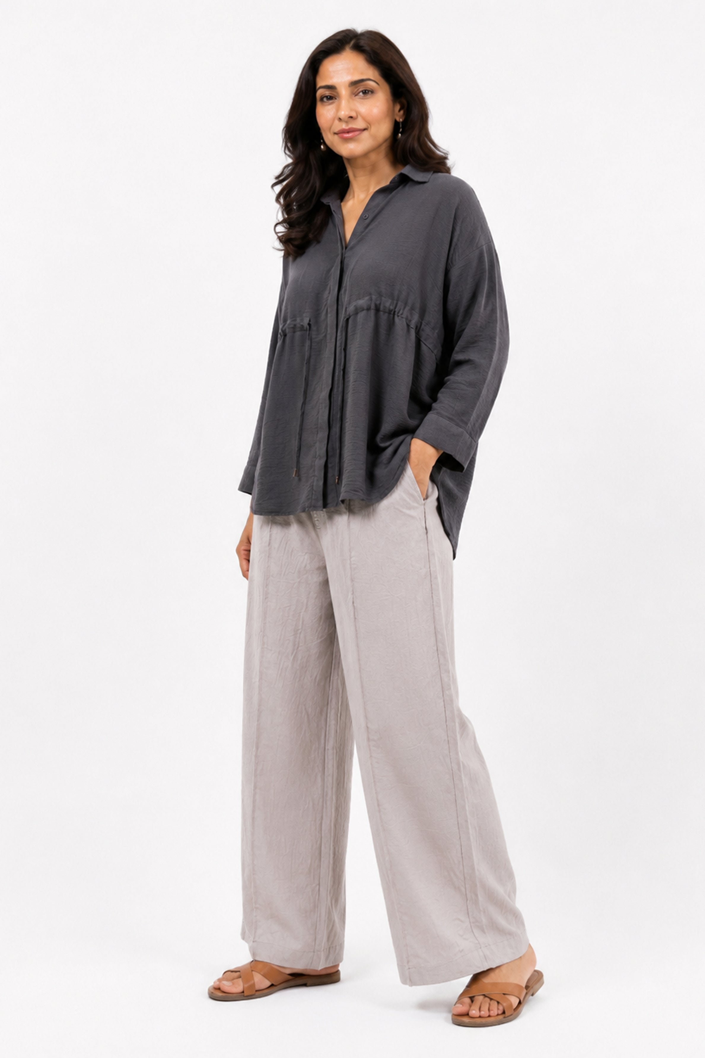 HADA Casual Relaxed Fit Button-Front Peplum Top - Dark Ash