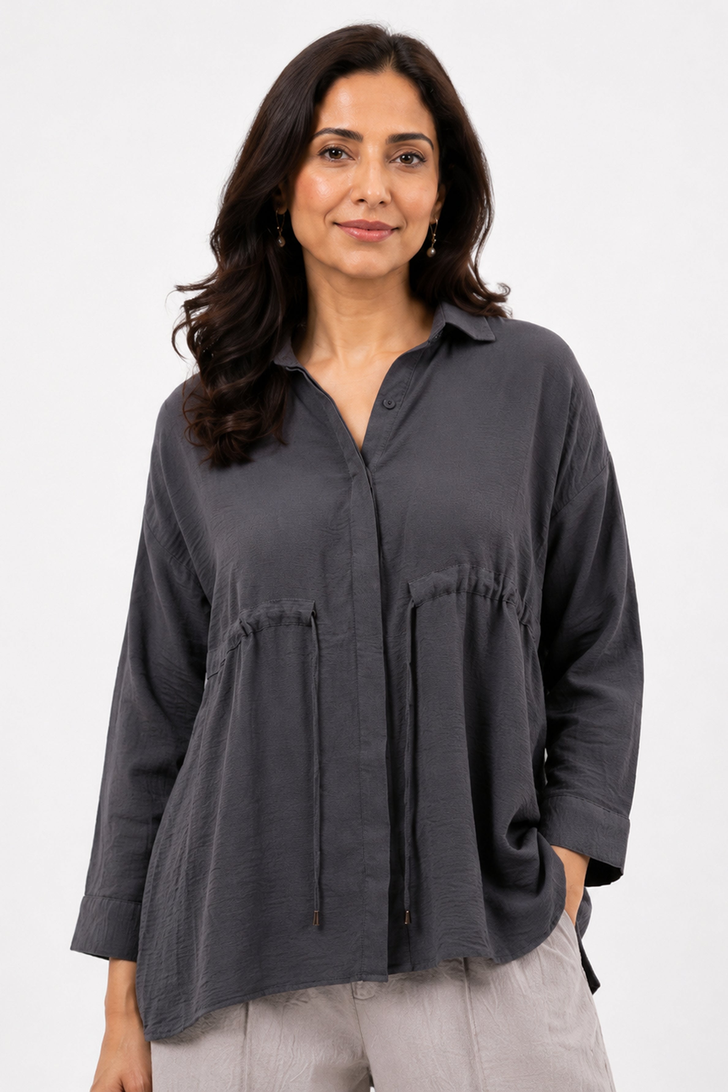 HADA Casual Relaxed Fit Button-Front Peplum Top - Dark Ash