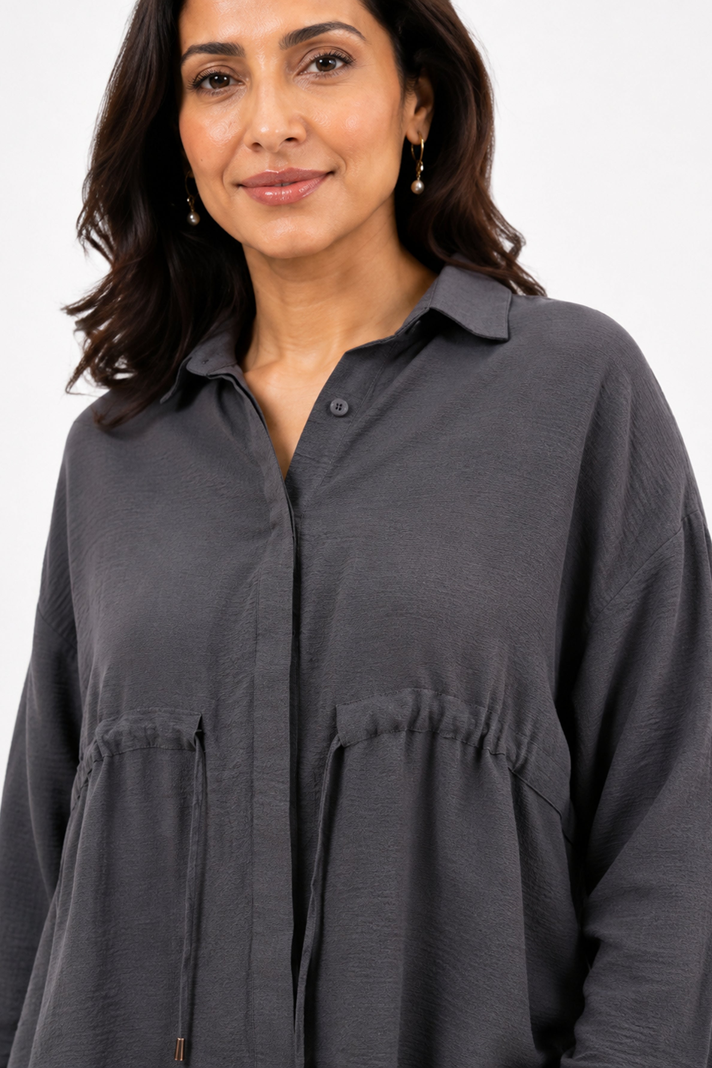 HADA Casual Relaxed Fit Button-Front Peplum Top - Dark Ash