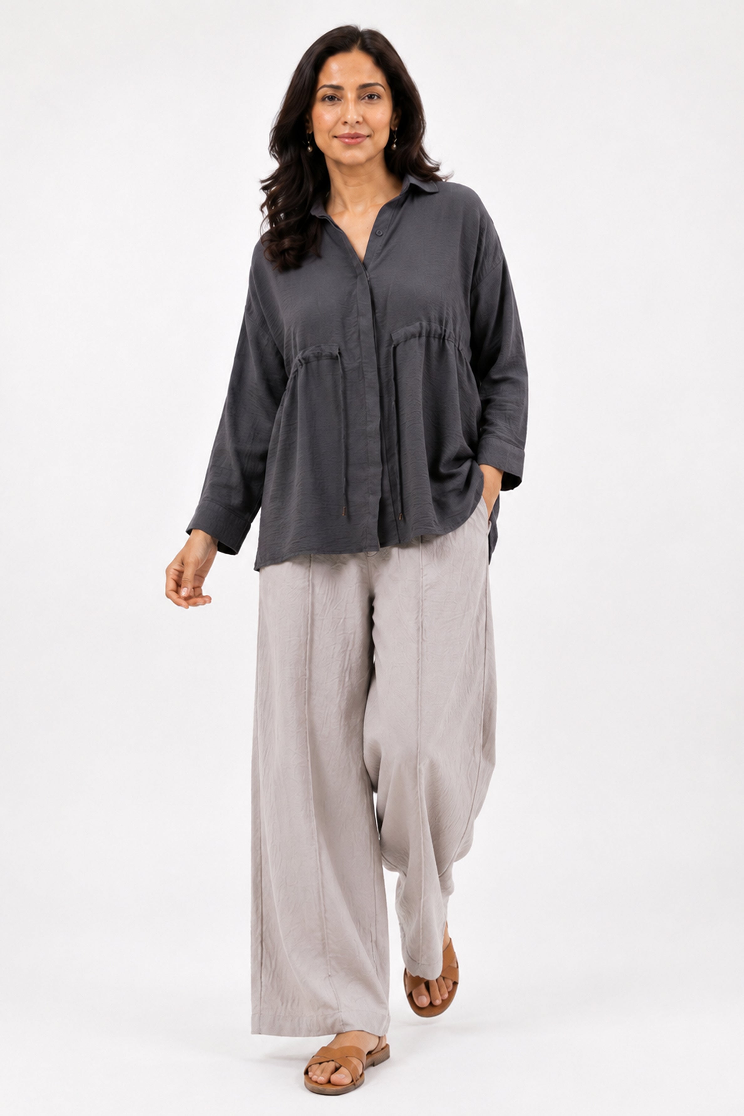 HADA Casual Relaxed Fit Button-Front Peplum Top - Dark Ash
