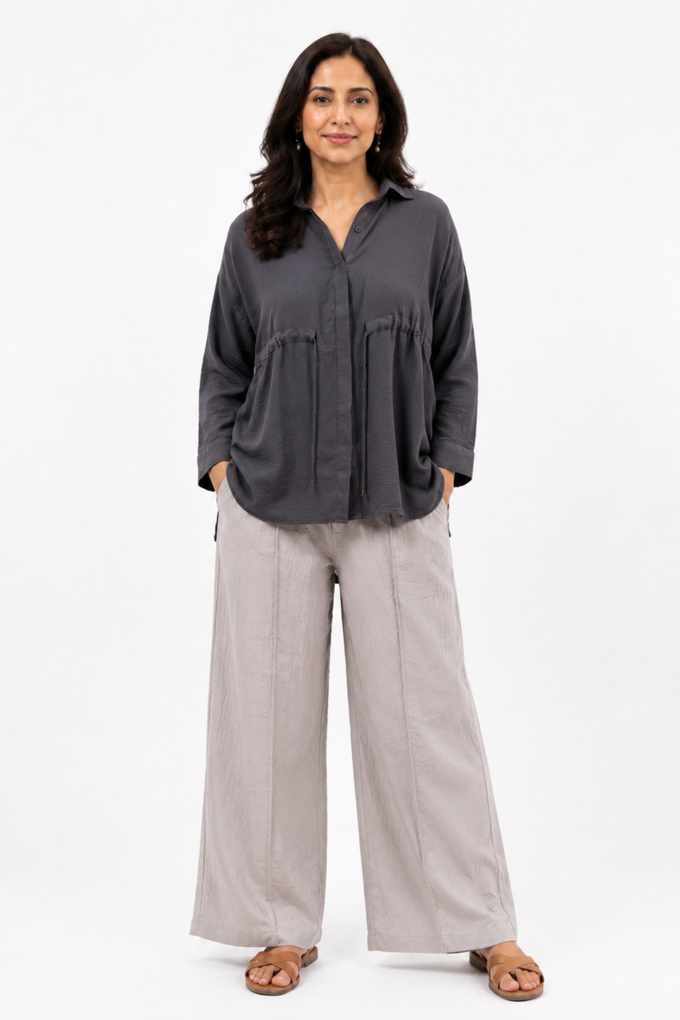 HADA Casual Relaxed Fit Button-Front Peplum Top - Dark Ash