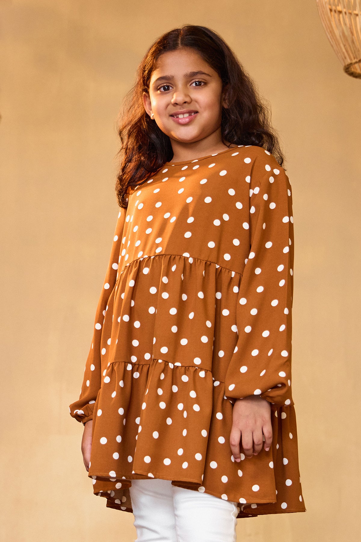 Miss Modano Kids Girls Puff Sleeve Dotted Casual Top