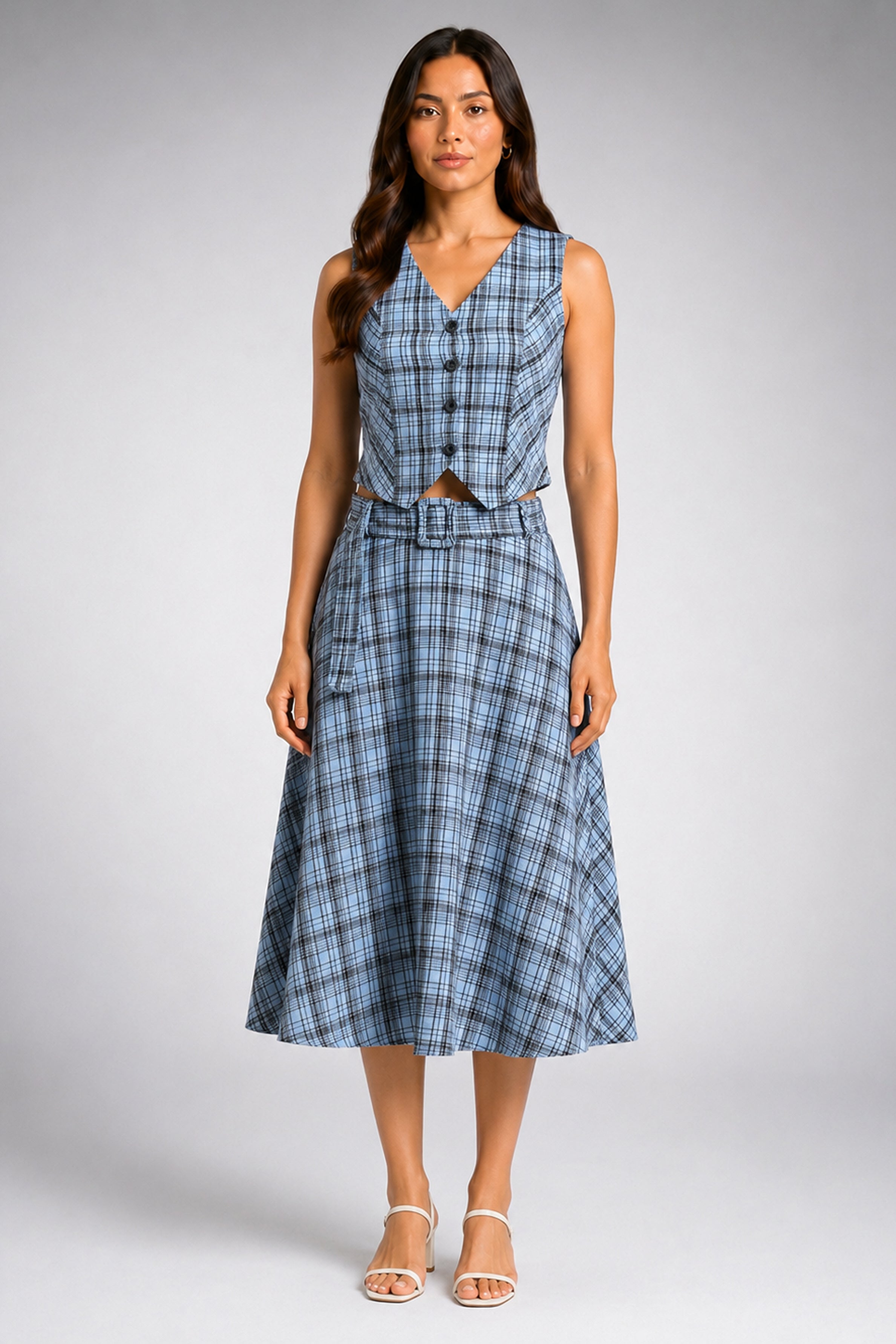 Envogue Formal Check Waist Coat - Light Blue