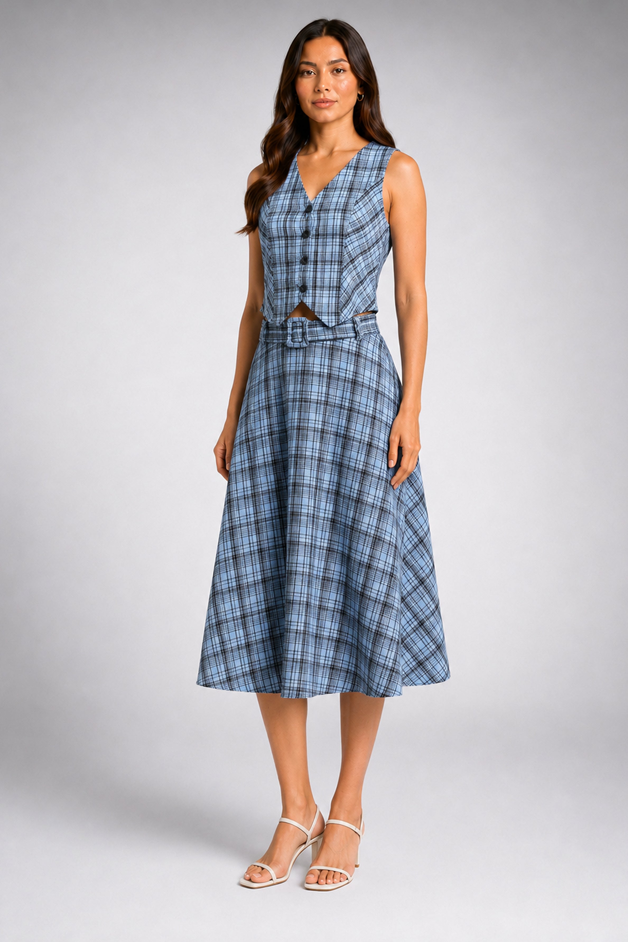 Envogue Formal Check Waist Coat - Light Blue