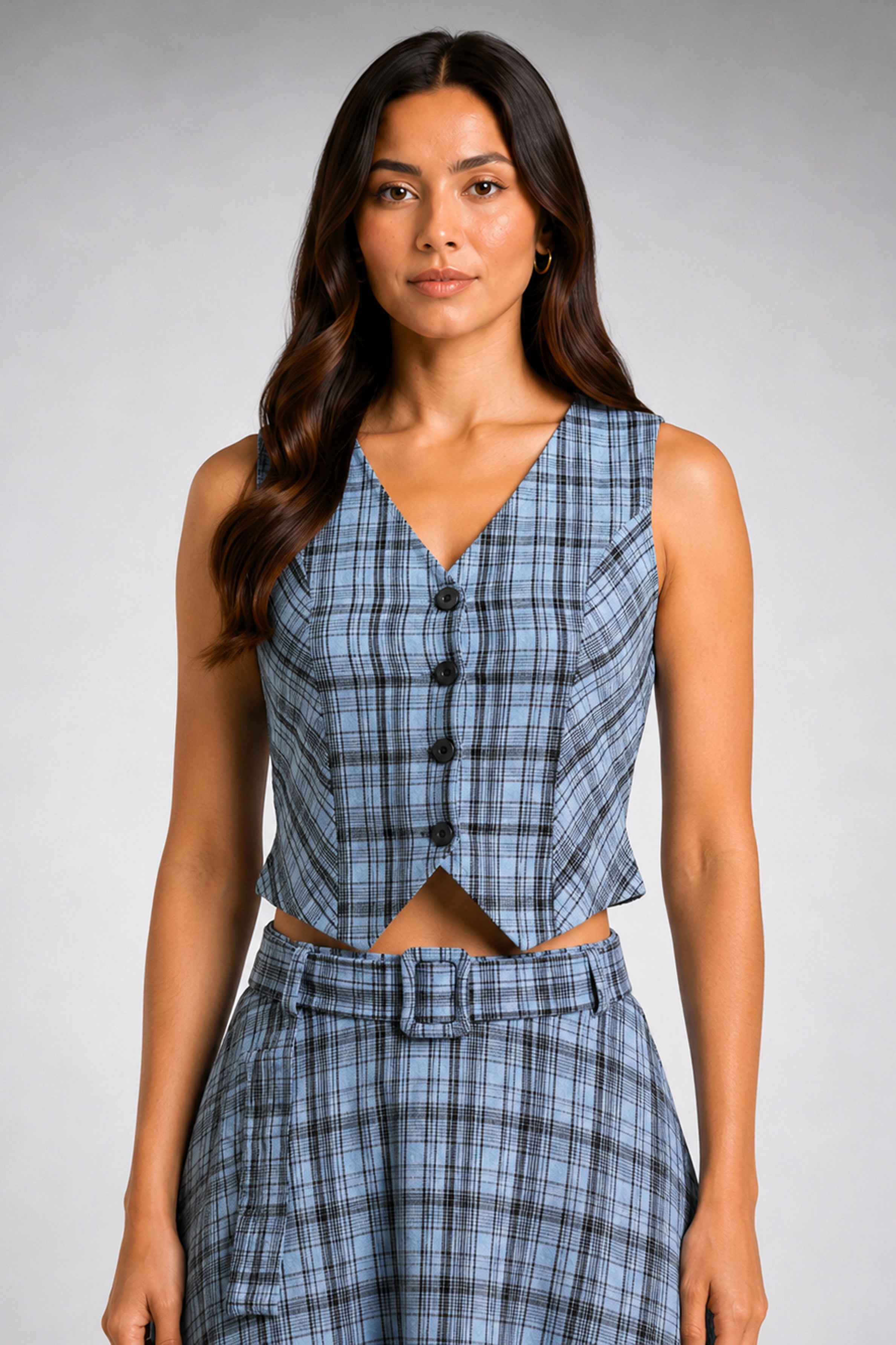 Envogue Formal Check Waist Coat - Light Blue