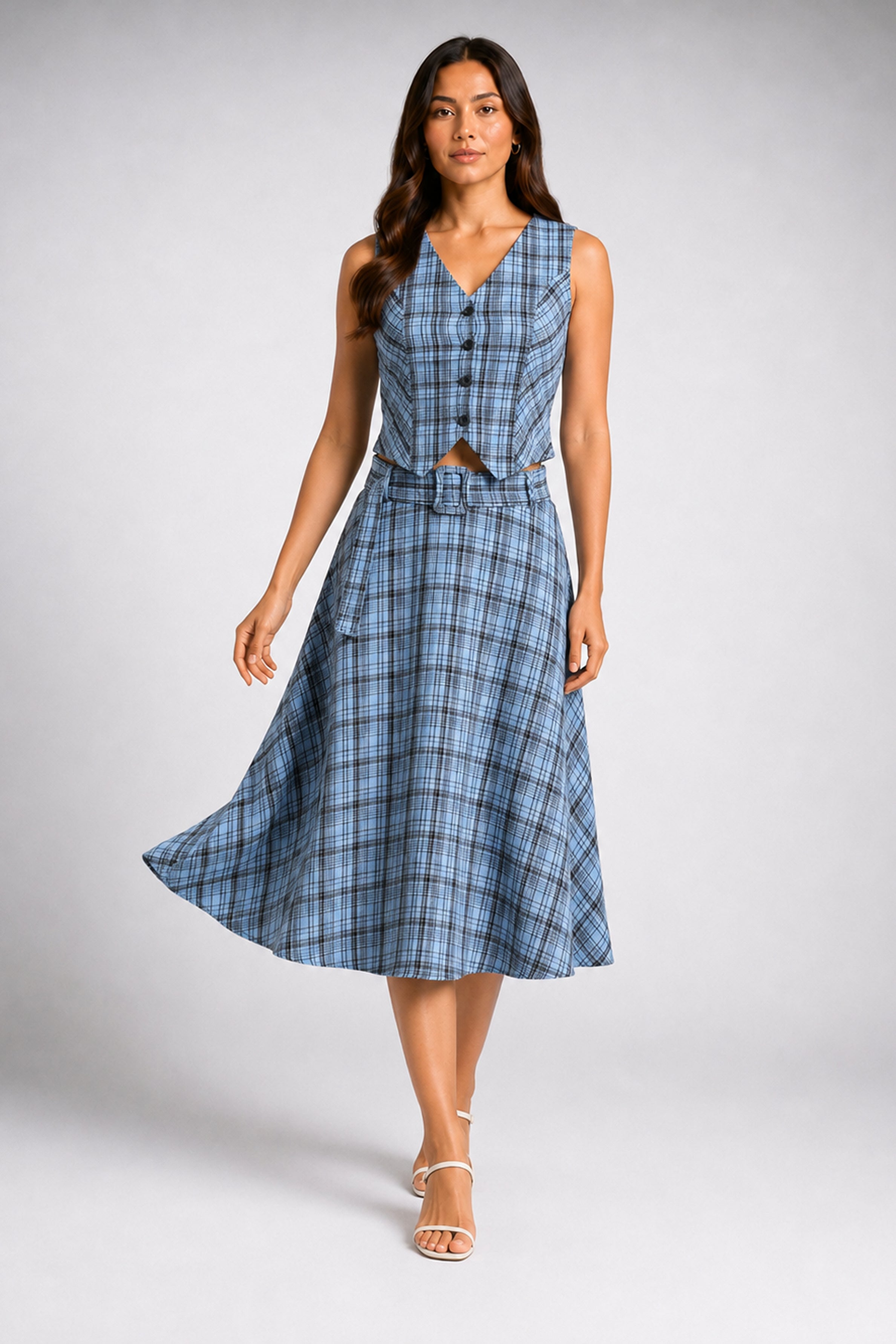 Envogue Formal Check Waist Coat - Light Blue
