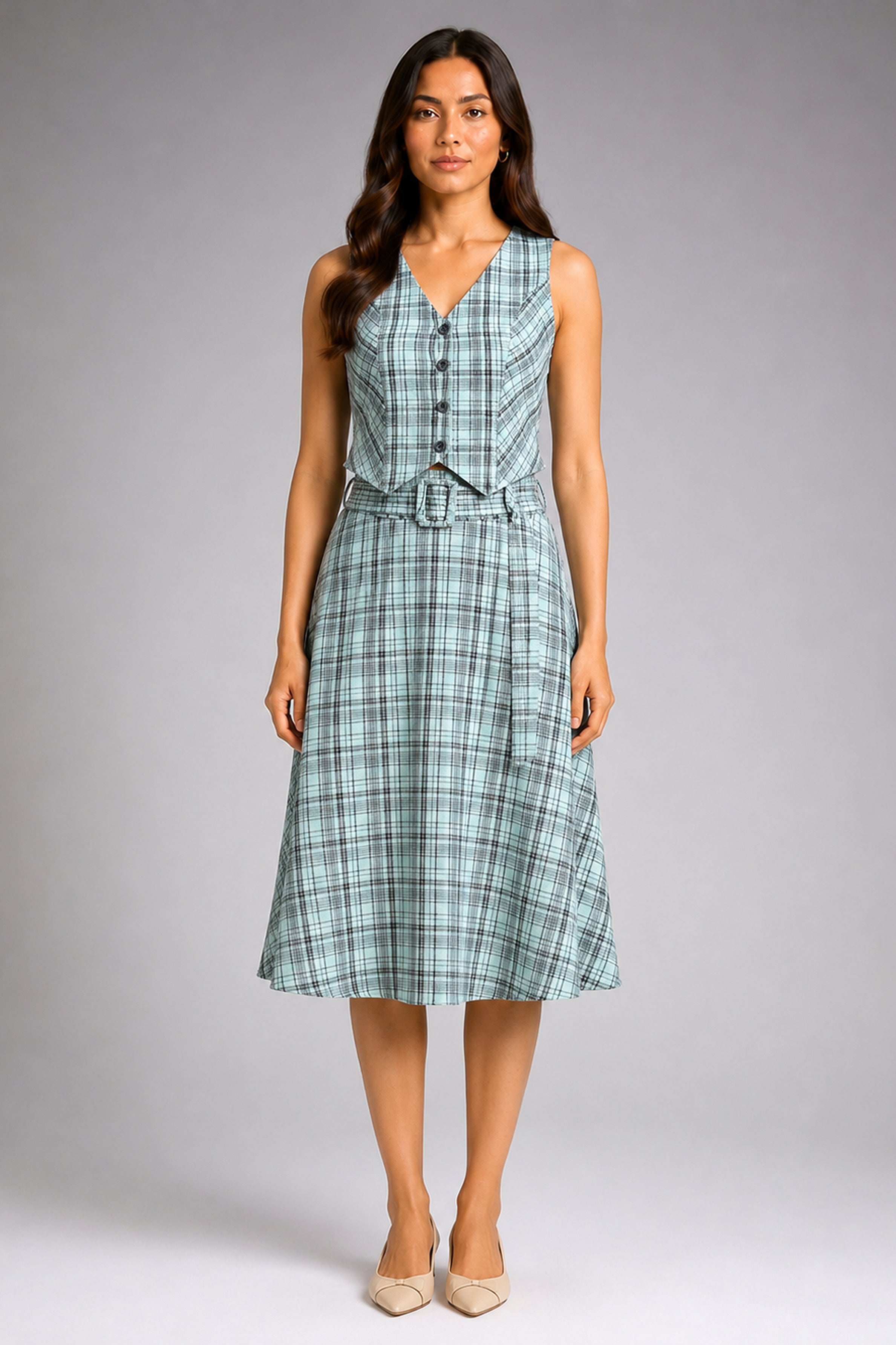 Envogue Formal Check Waist Coat - Light Green