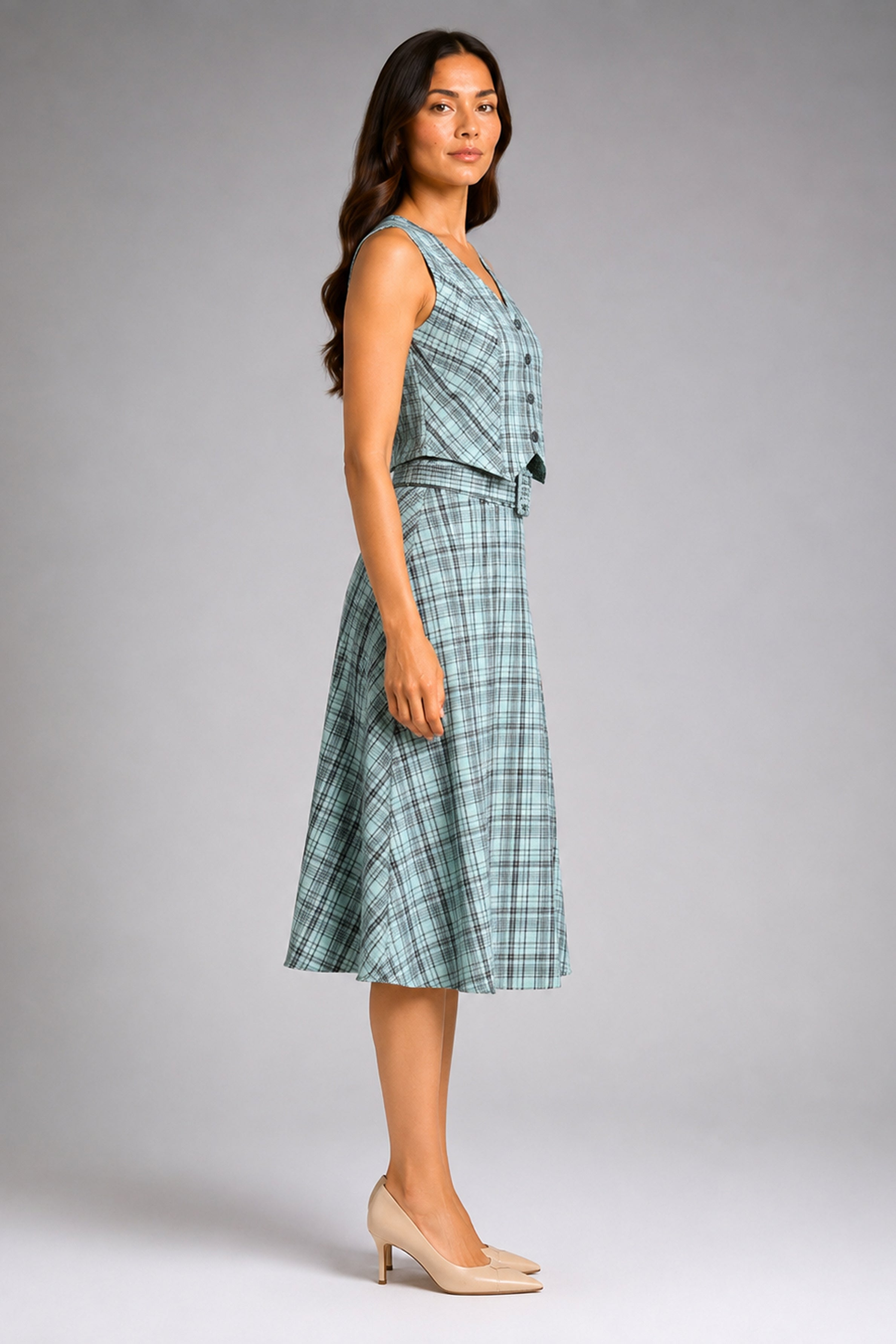 Envogue Formal Check Waist Coat - Light Green