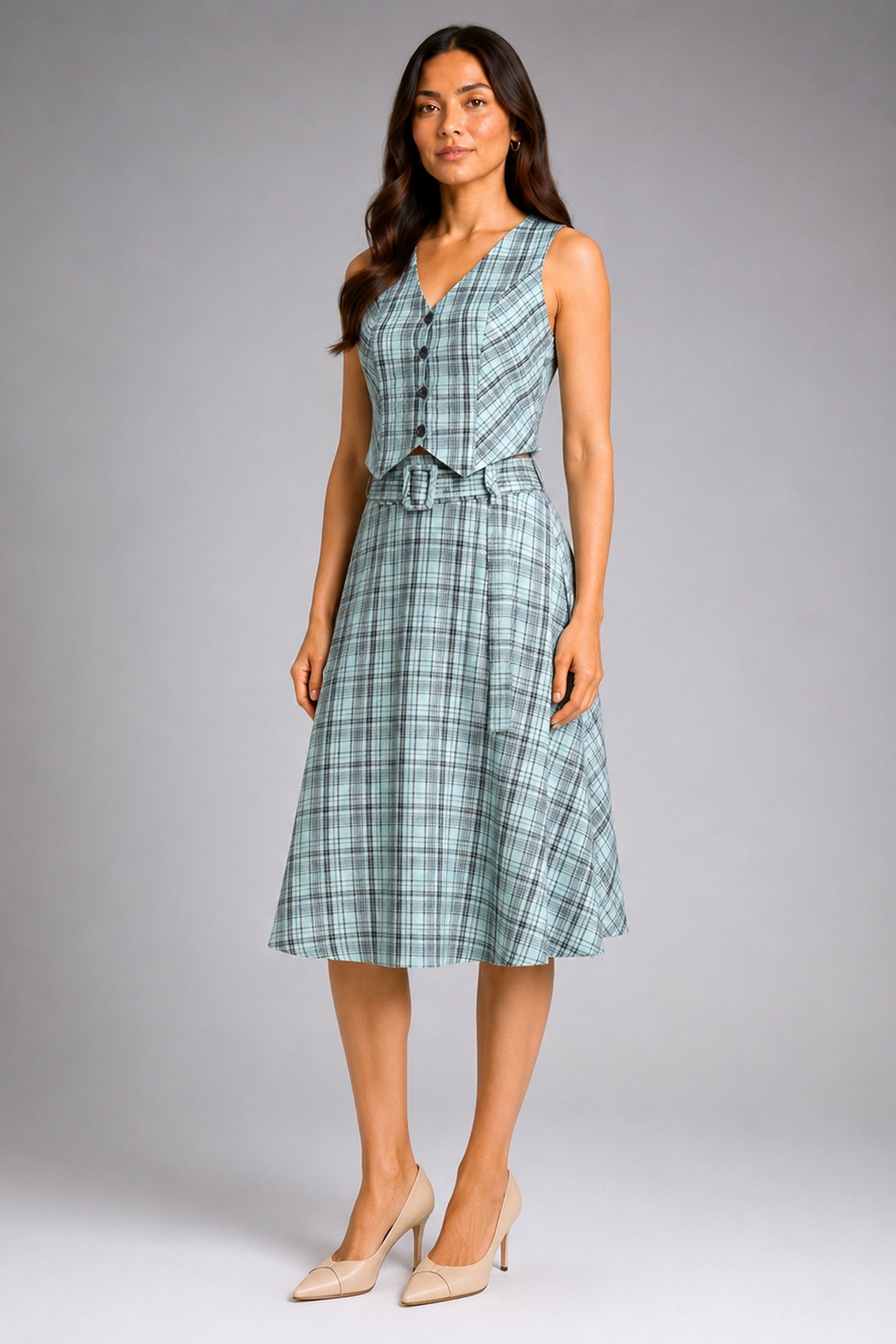 Envogue Formal Check Waist Coat - Light Green