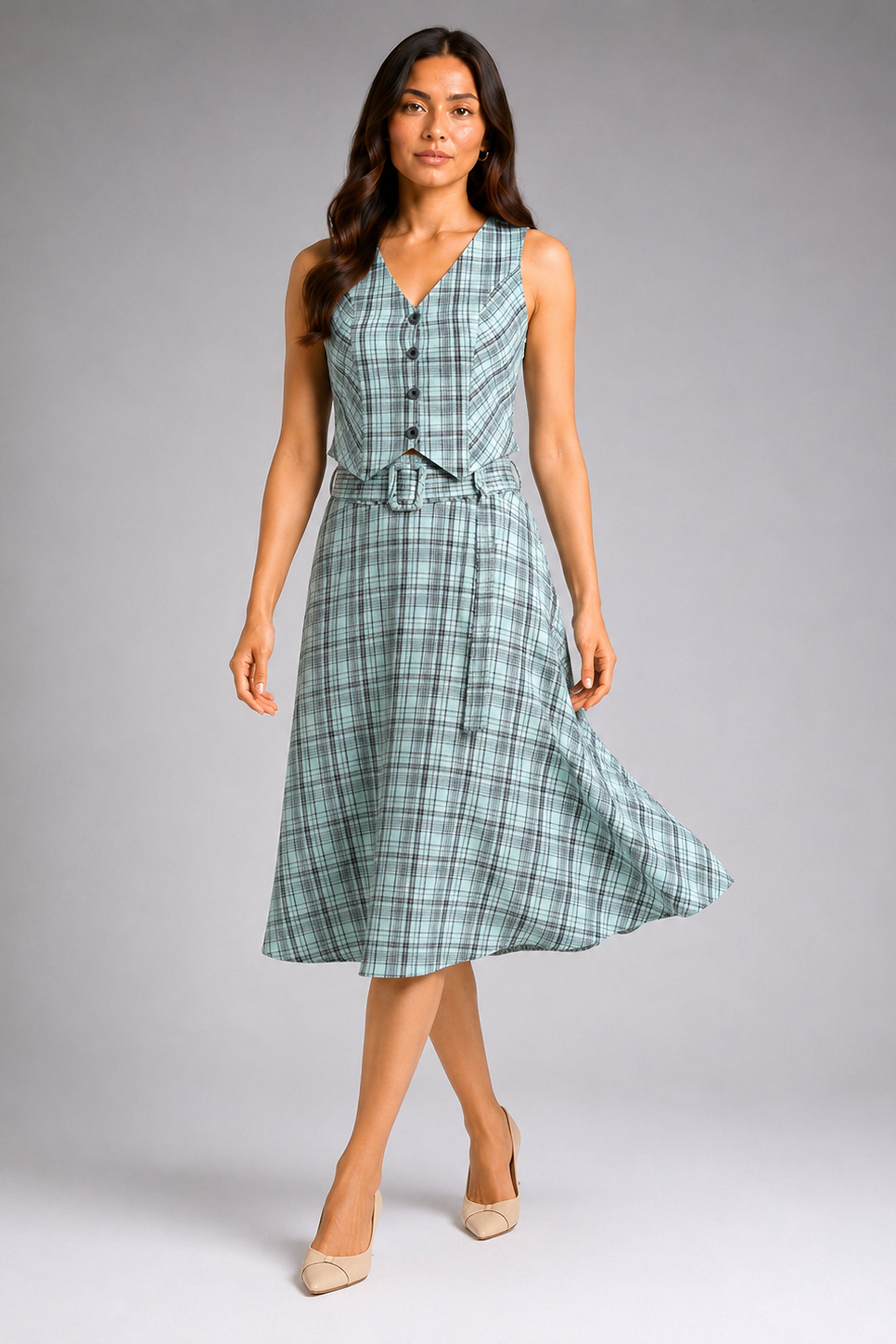 Envogue Formal Check Waist Coat - Light Green