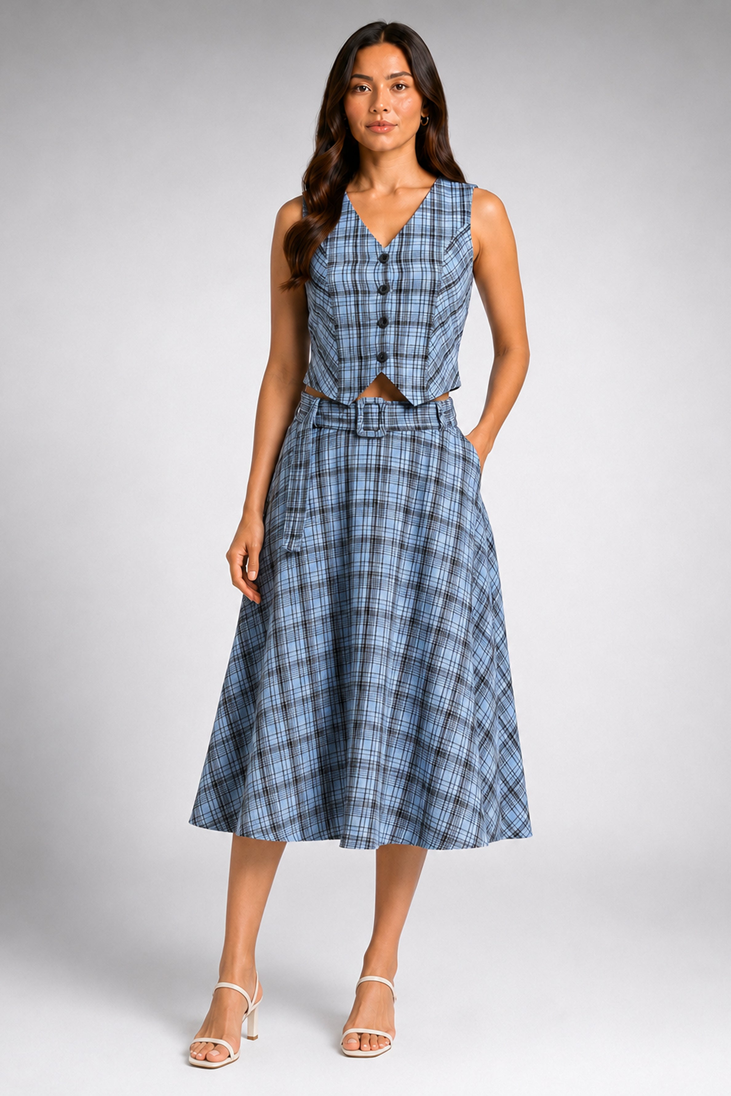 Envogue Formal Check Skirt - Light Blue