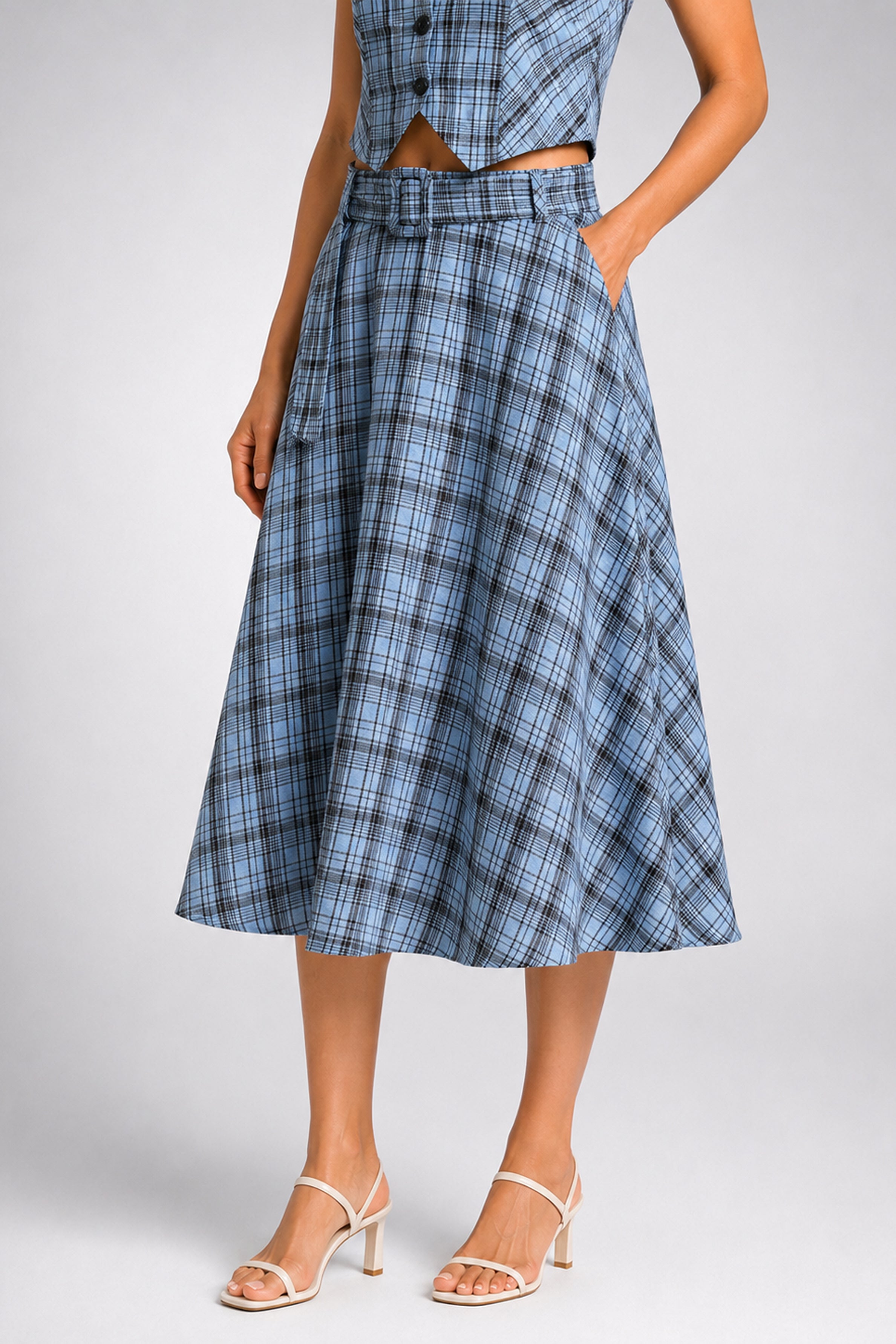 Envogue Formal Check Skirt - Light Blue