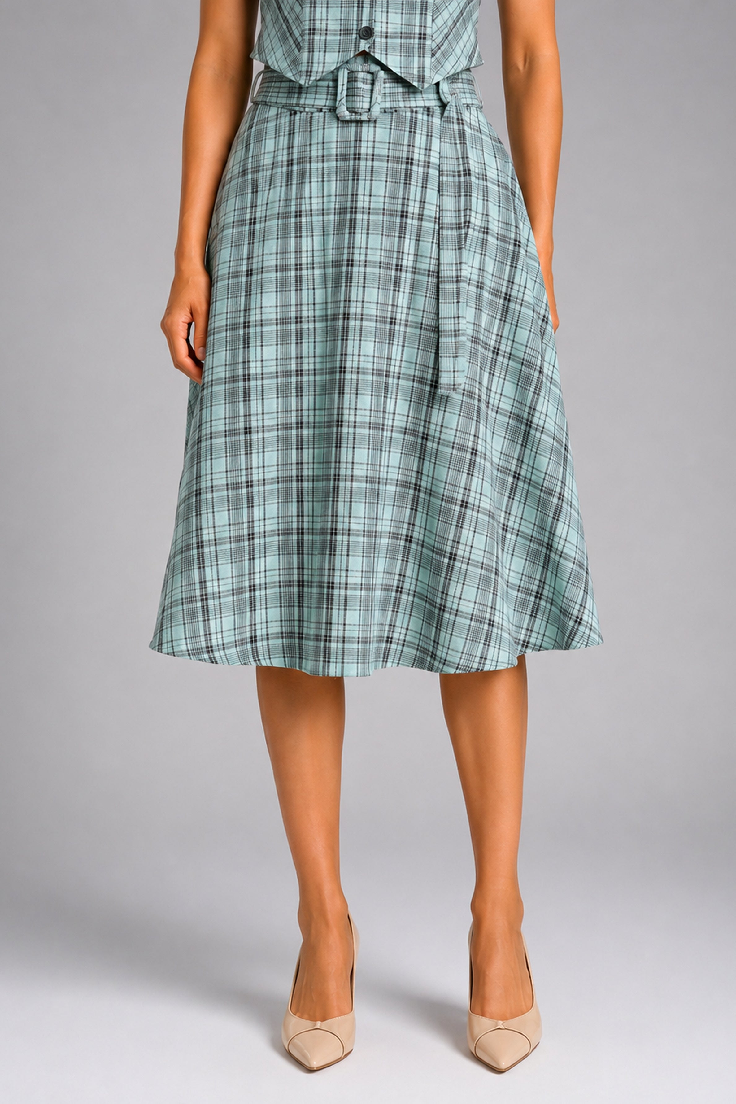 Envogue Formal Check Skirt - Light Green