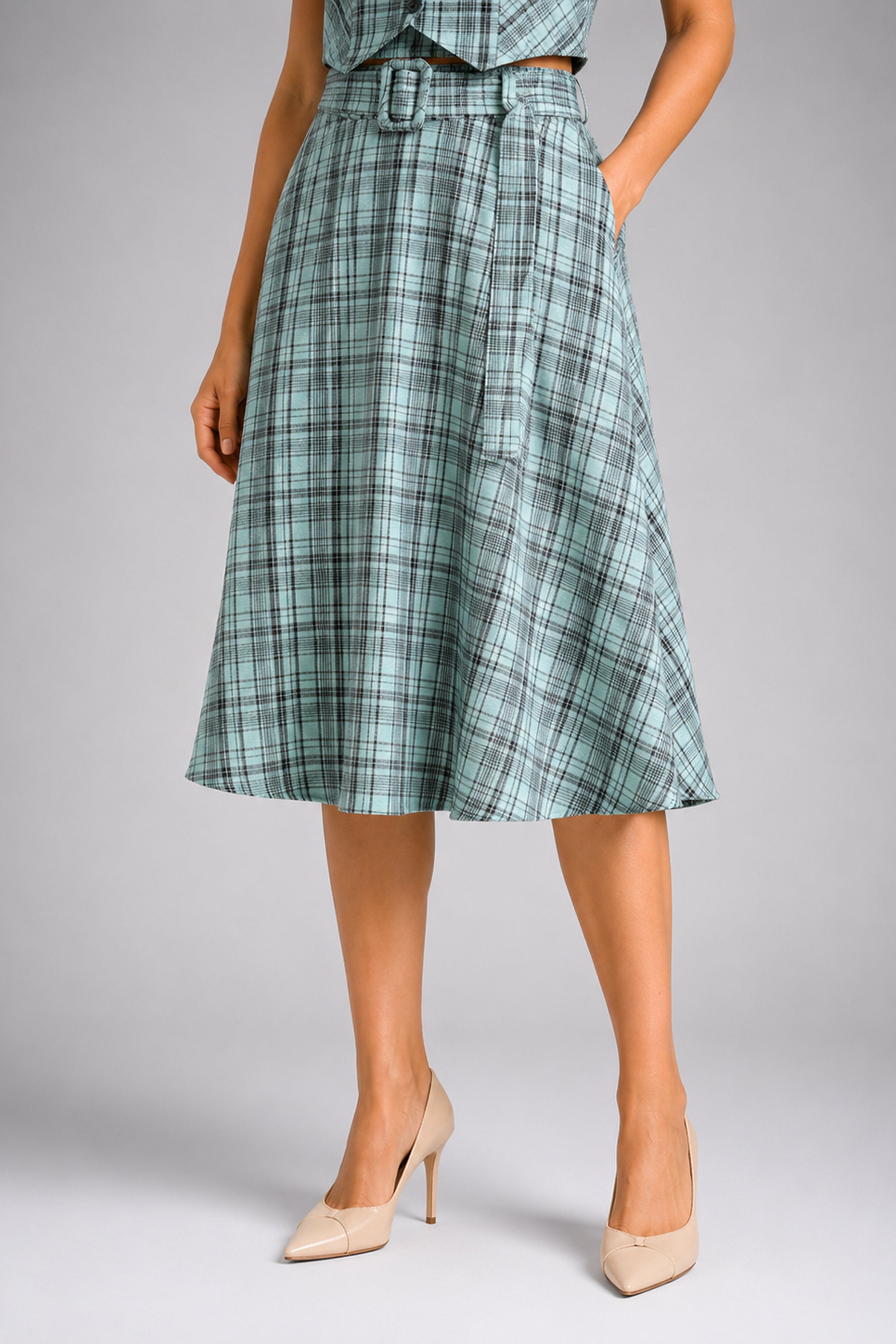 Envogue Formal Check Skirt - Light Green