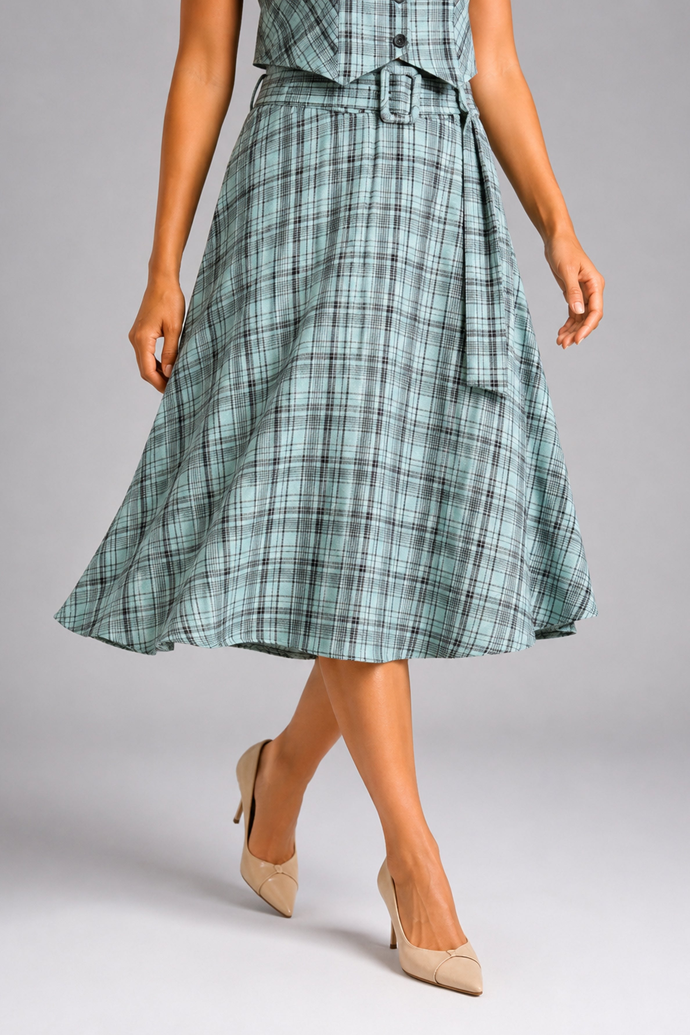 Envogue Formal Check Skirt - Light Green