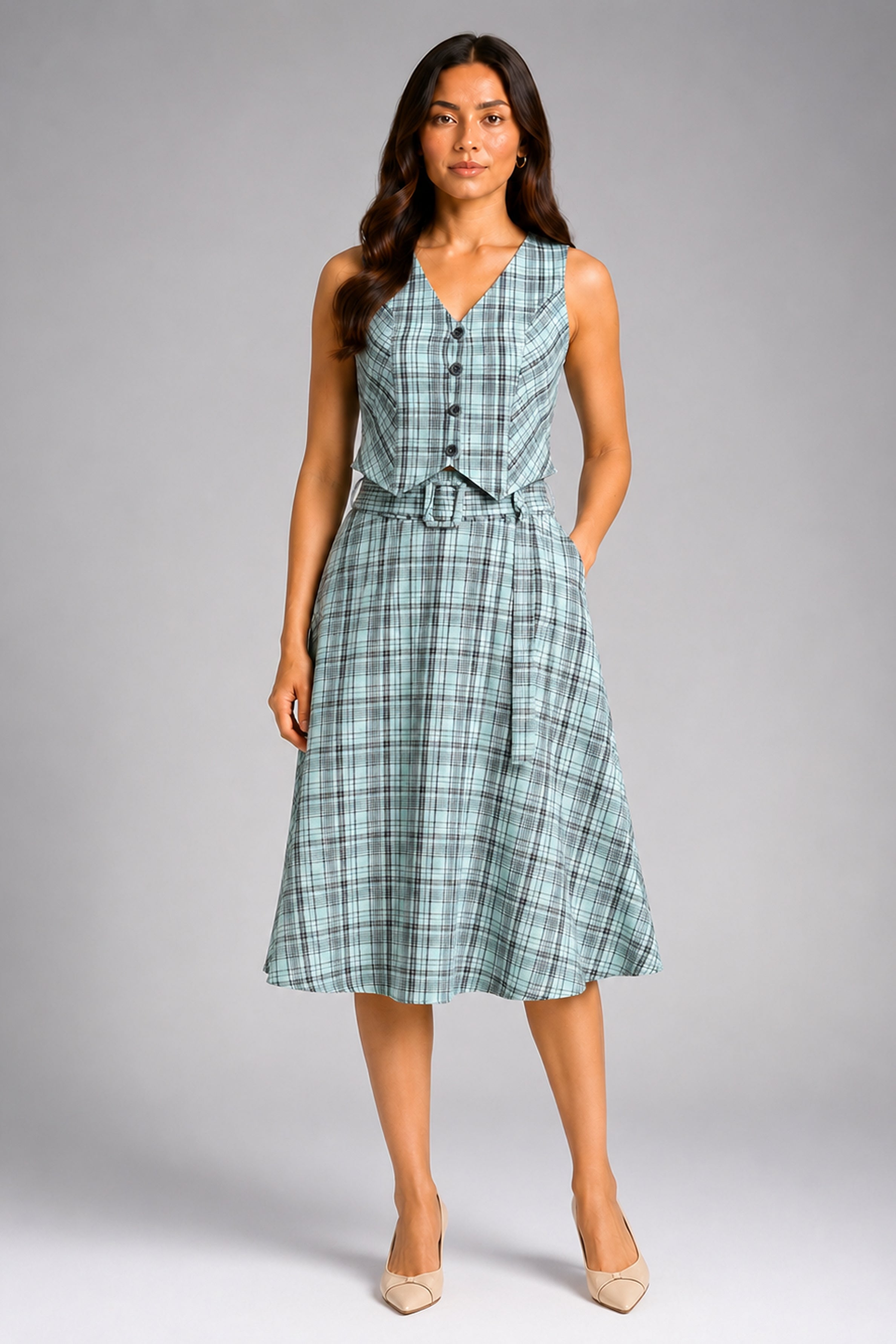 Envogue Formal Check Skirt - Light Green