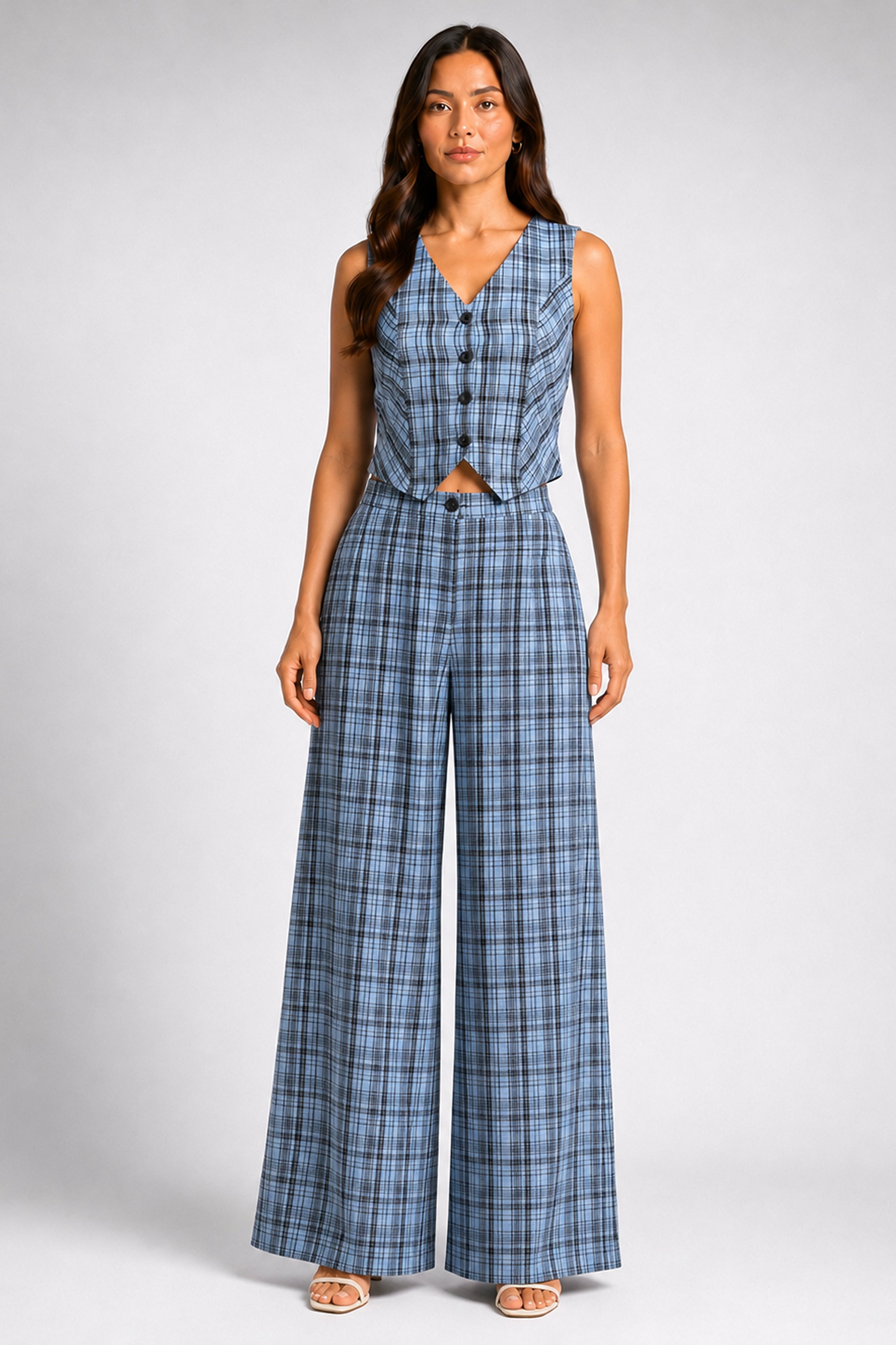 Envogue Formal Check Waist Coat - Light Blue