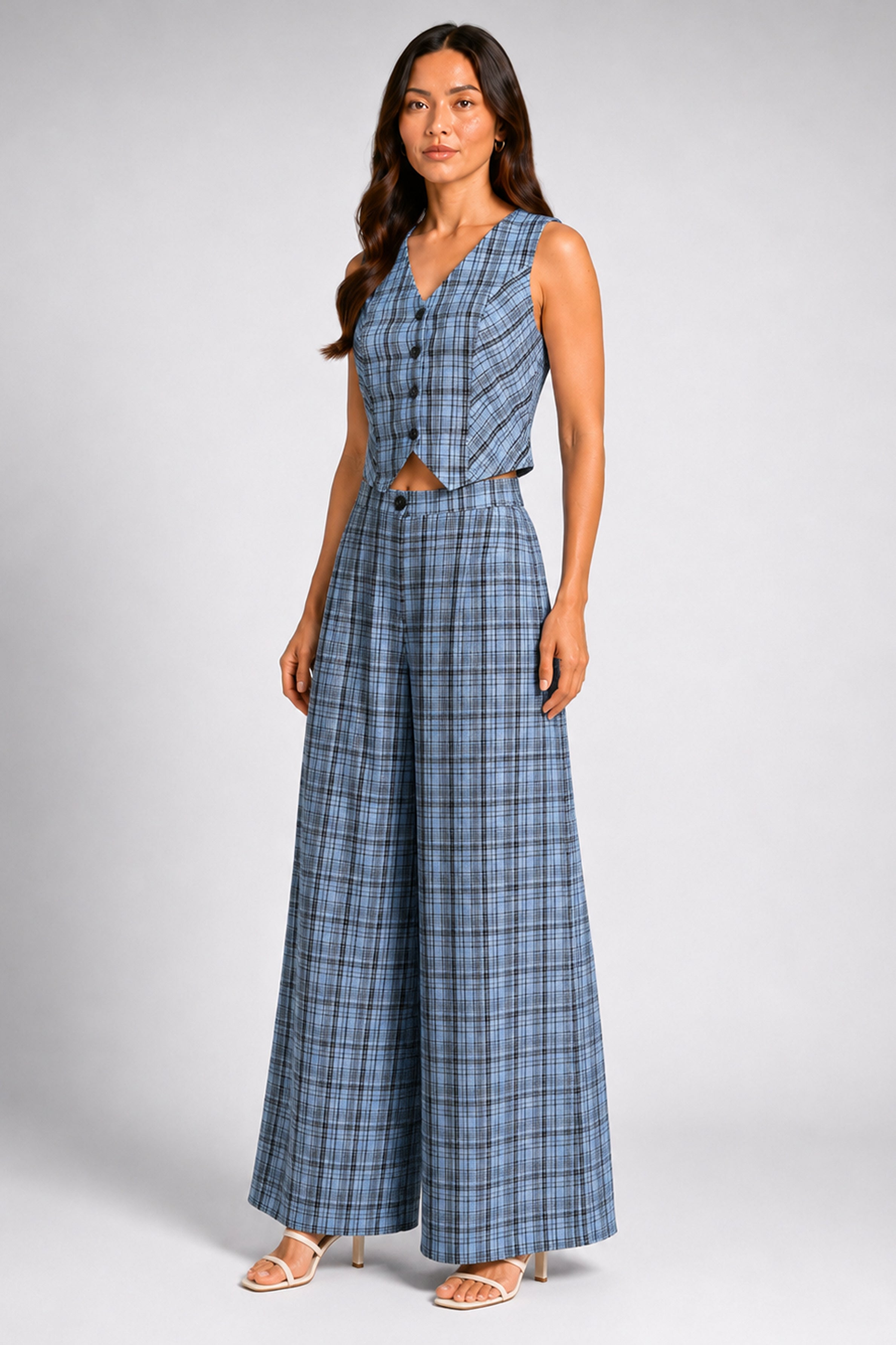 Envogue Formal Check Waist Coat - Light Blue