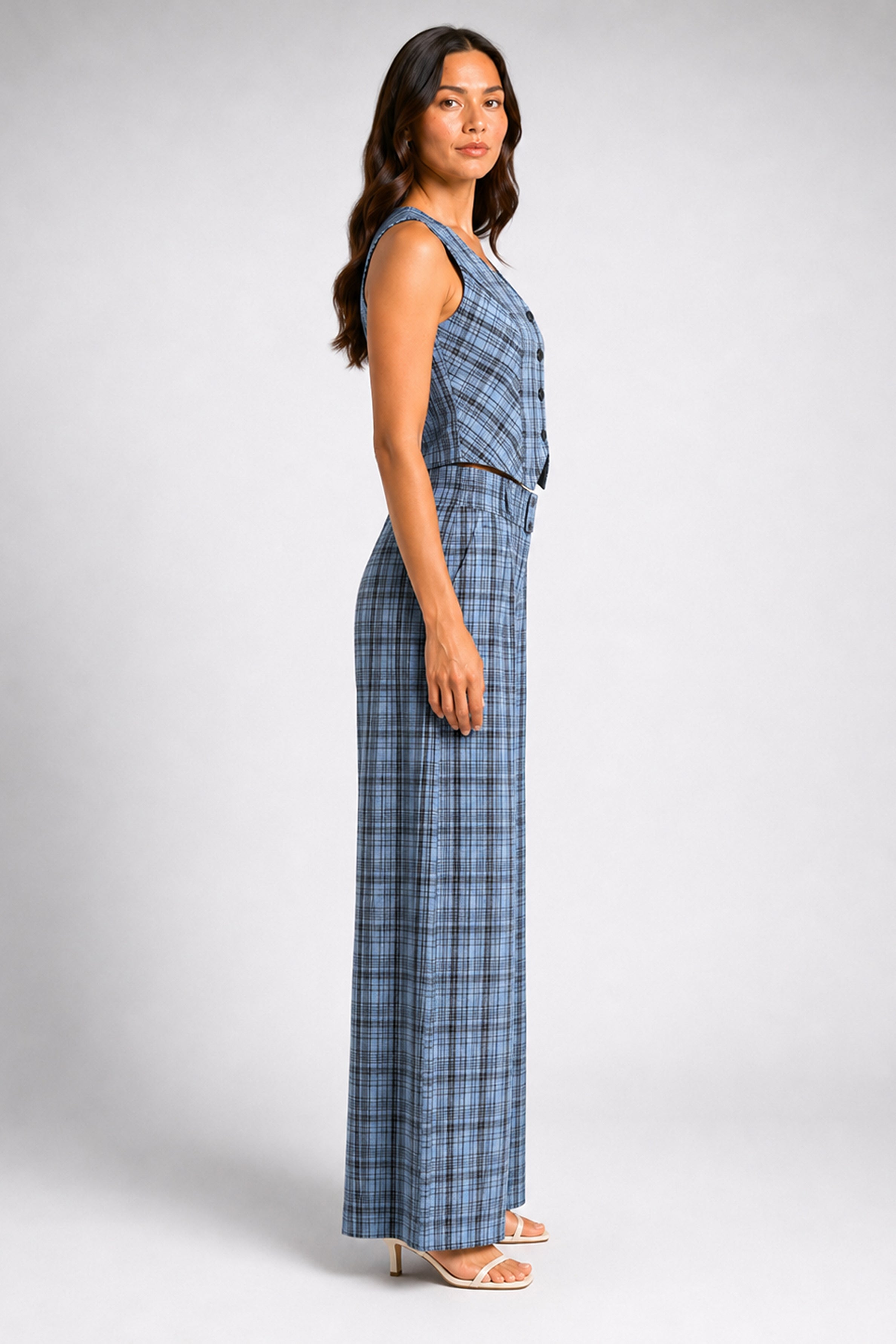 Envogue Formal Check Waist Coat - Light Blue