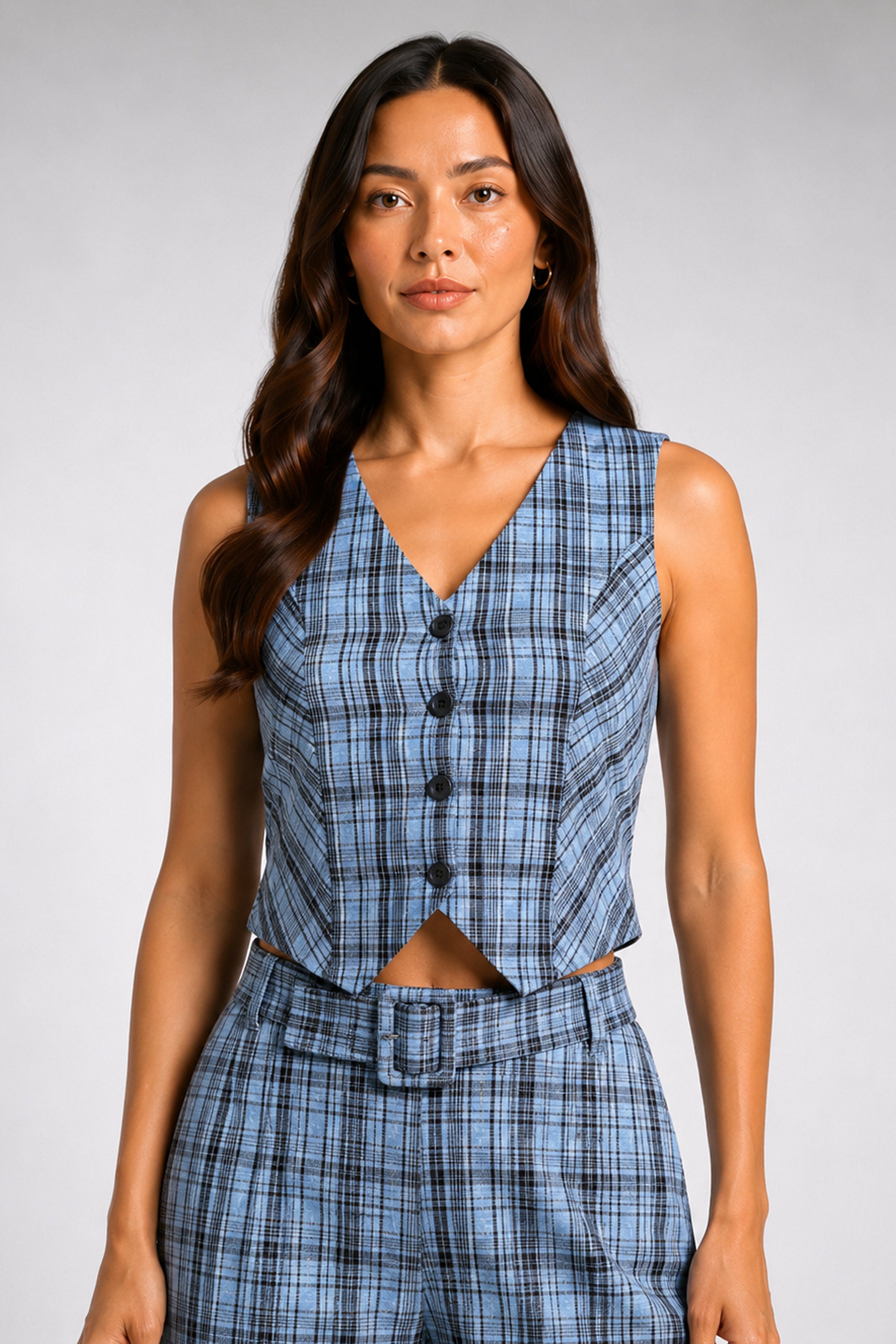 Envogue Formal Check Waist Coat - Light Blue