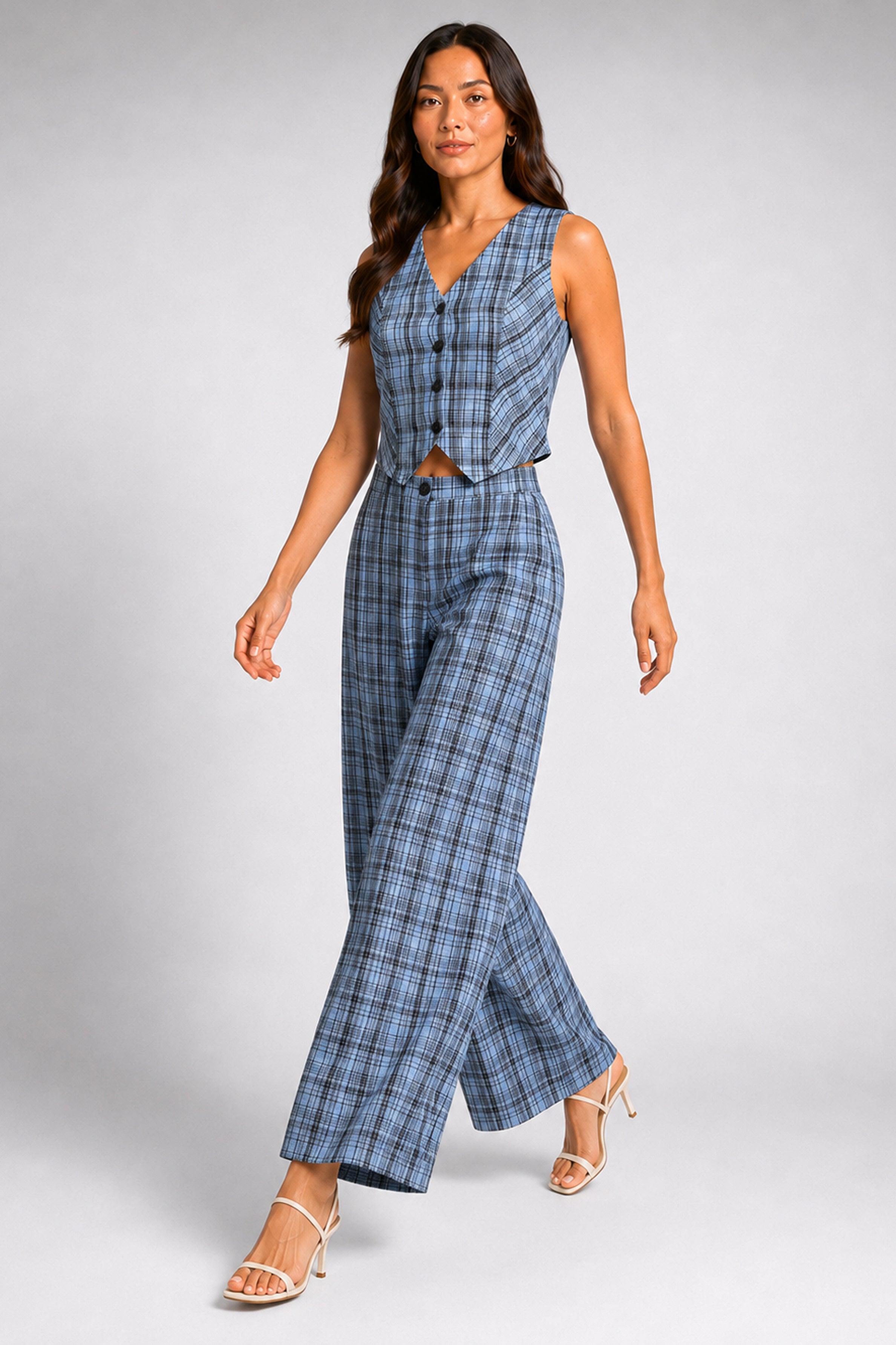 Envogue Formal Check Waist Coat - Light Blue