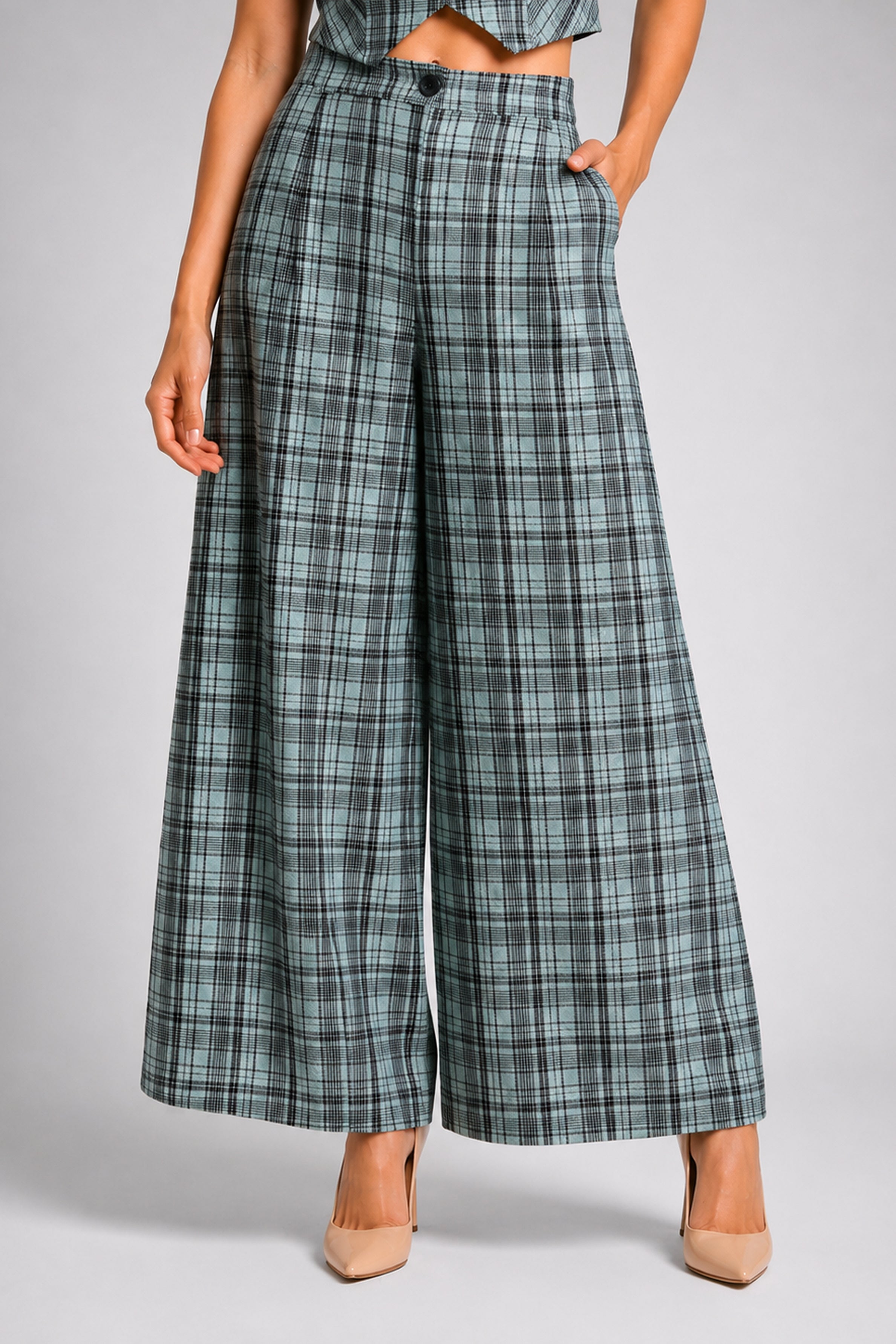 Envogue Formal Wide Leg Check Pant - Light Green