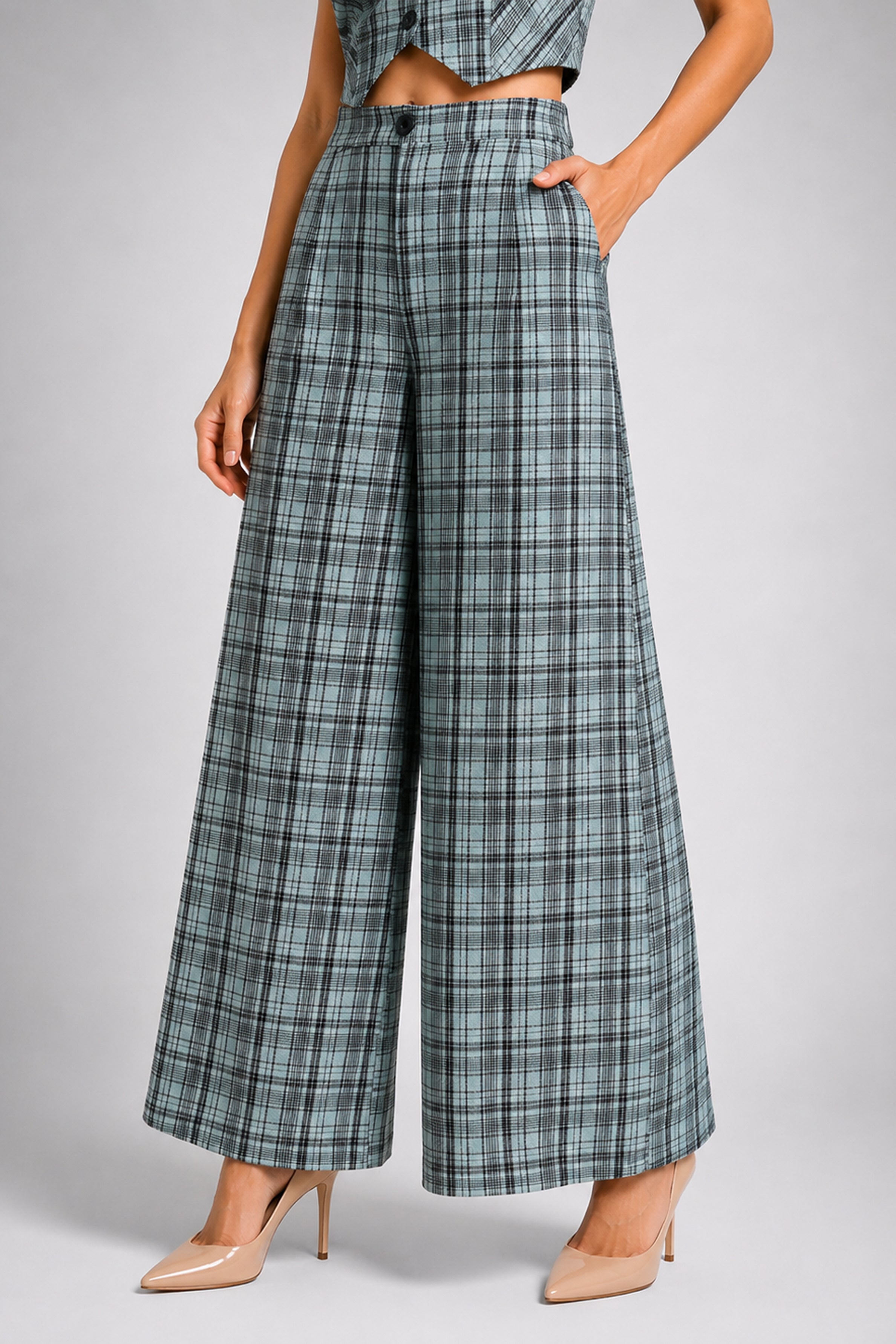 Envogue Formal Wide Leg Check Pant - Light Green