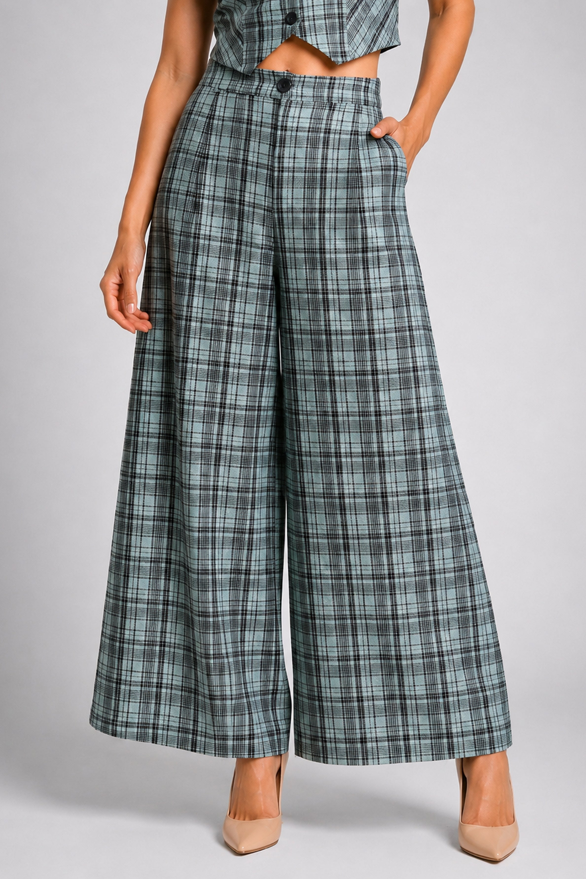 Envogue Formal Wide Leg Check Pant - Light Green