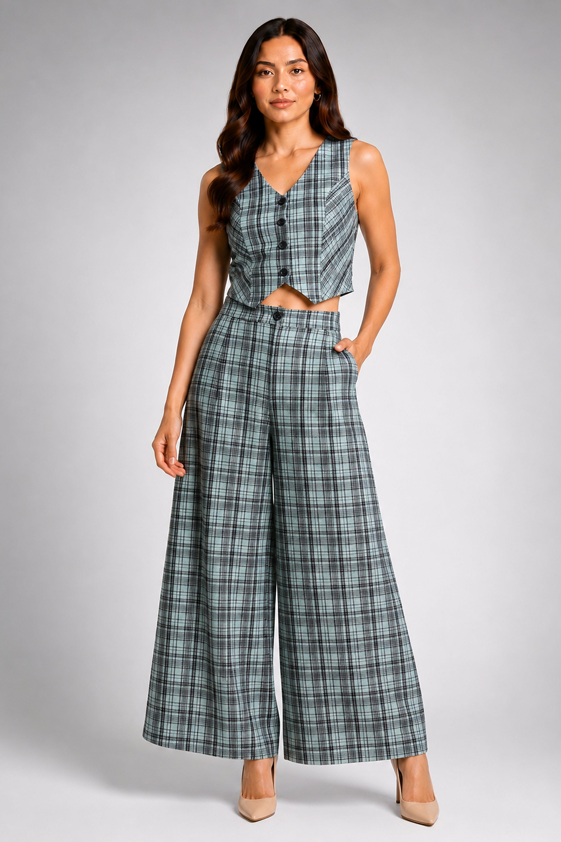 Envogue Formal Wide Leg Check Pant - Light Green
