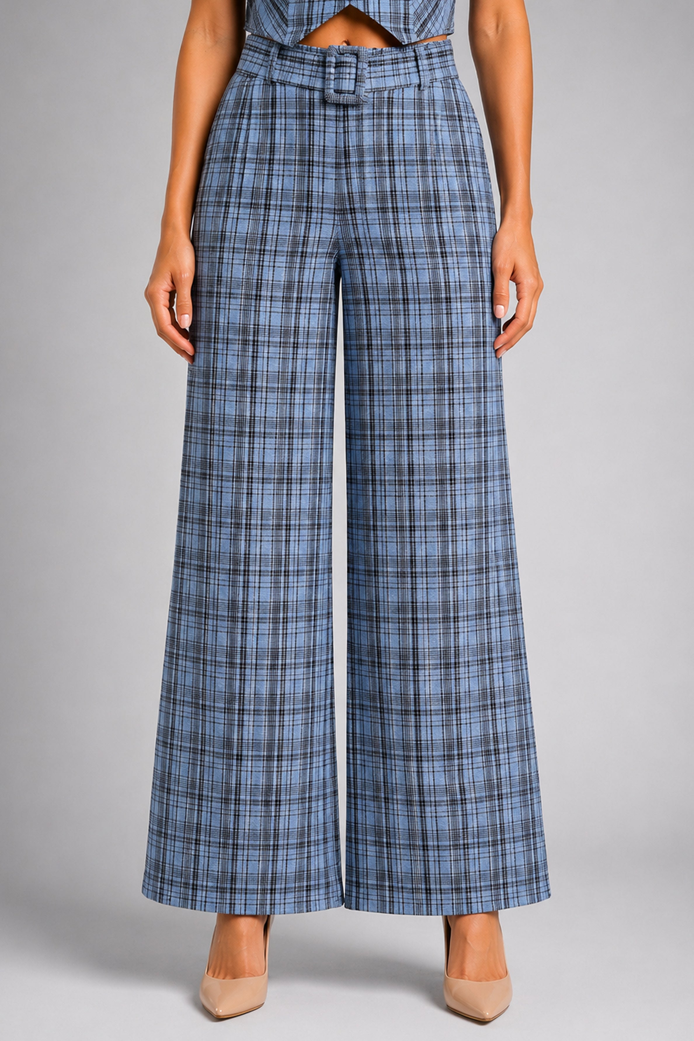 Envogue Formal Wide Leg Check Pant - Light Blue
