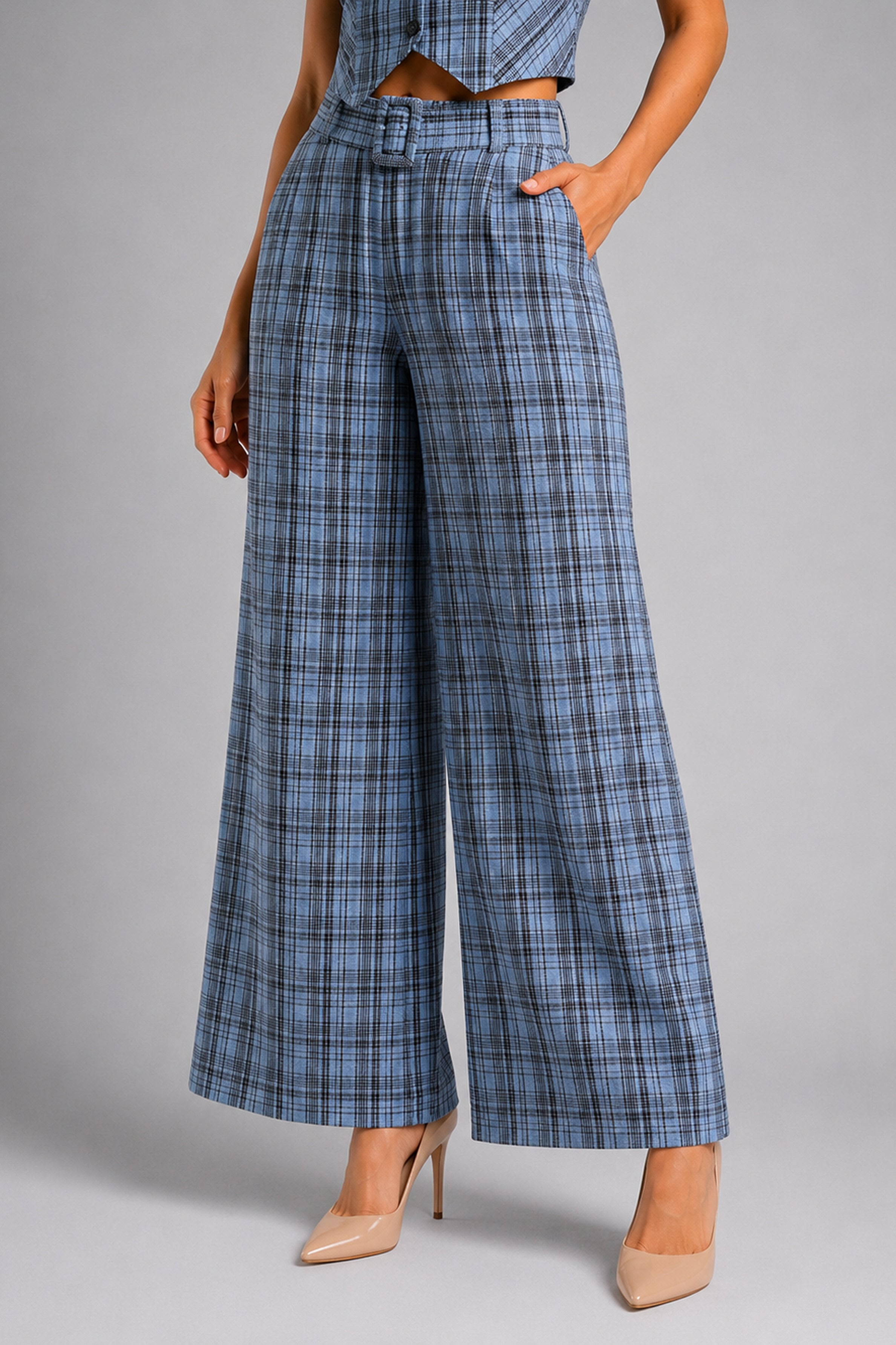 Envogue Formal Wide Leg Check Pant - Light Blue