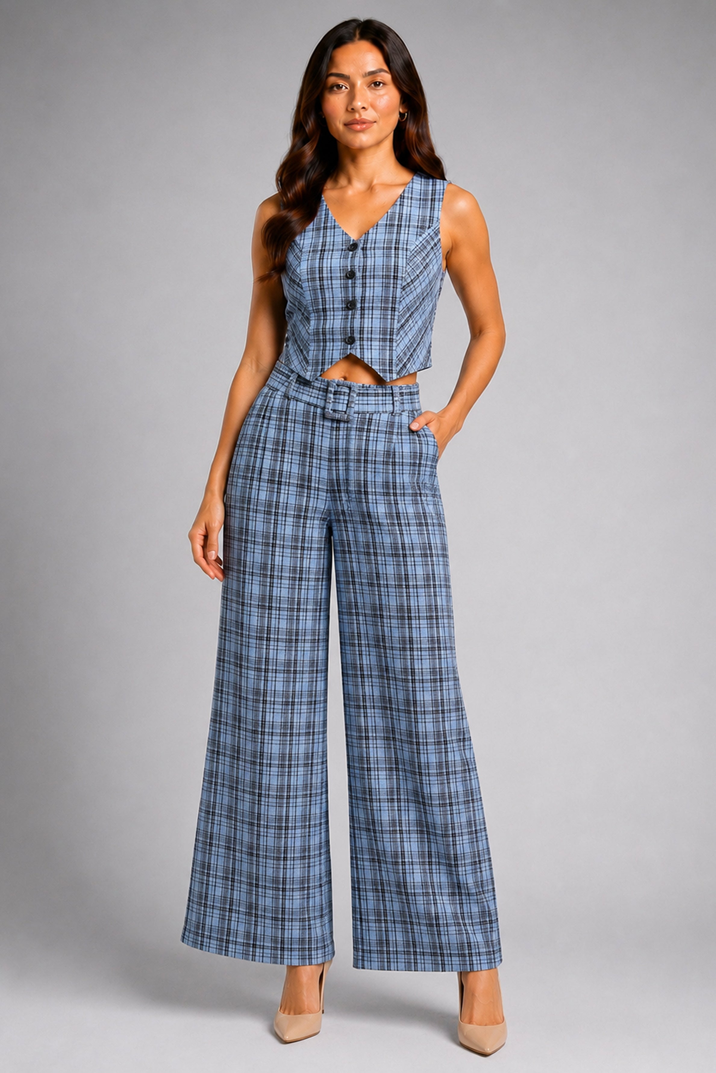 Envogue Formal Wide Leg Check Pant - Light Blue