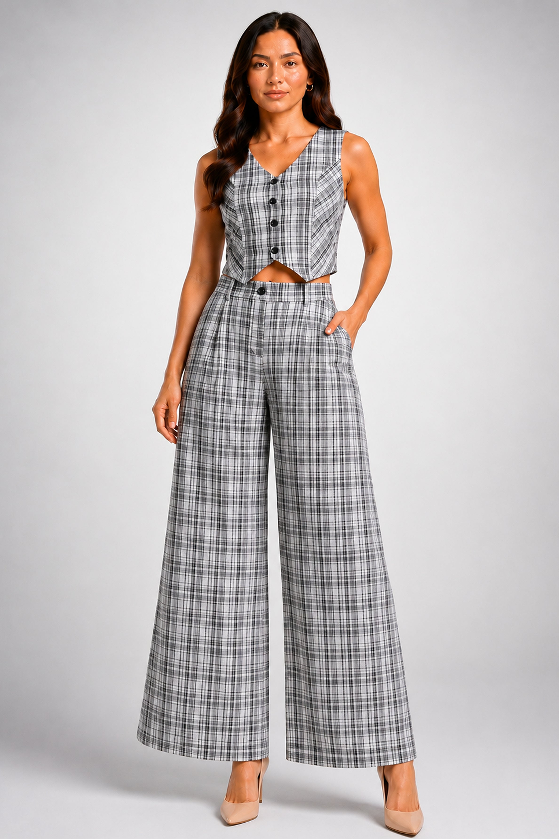 Envogue Formal Wide Leg Check Pant - Off White