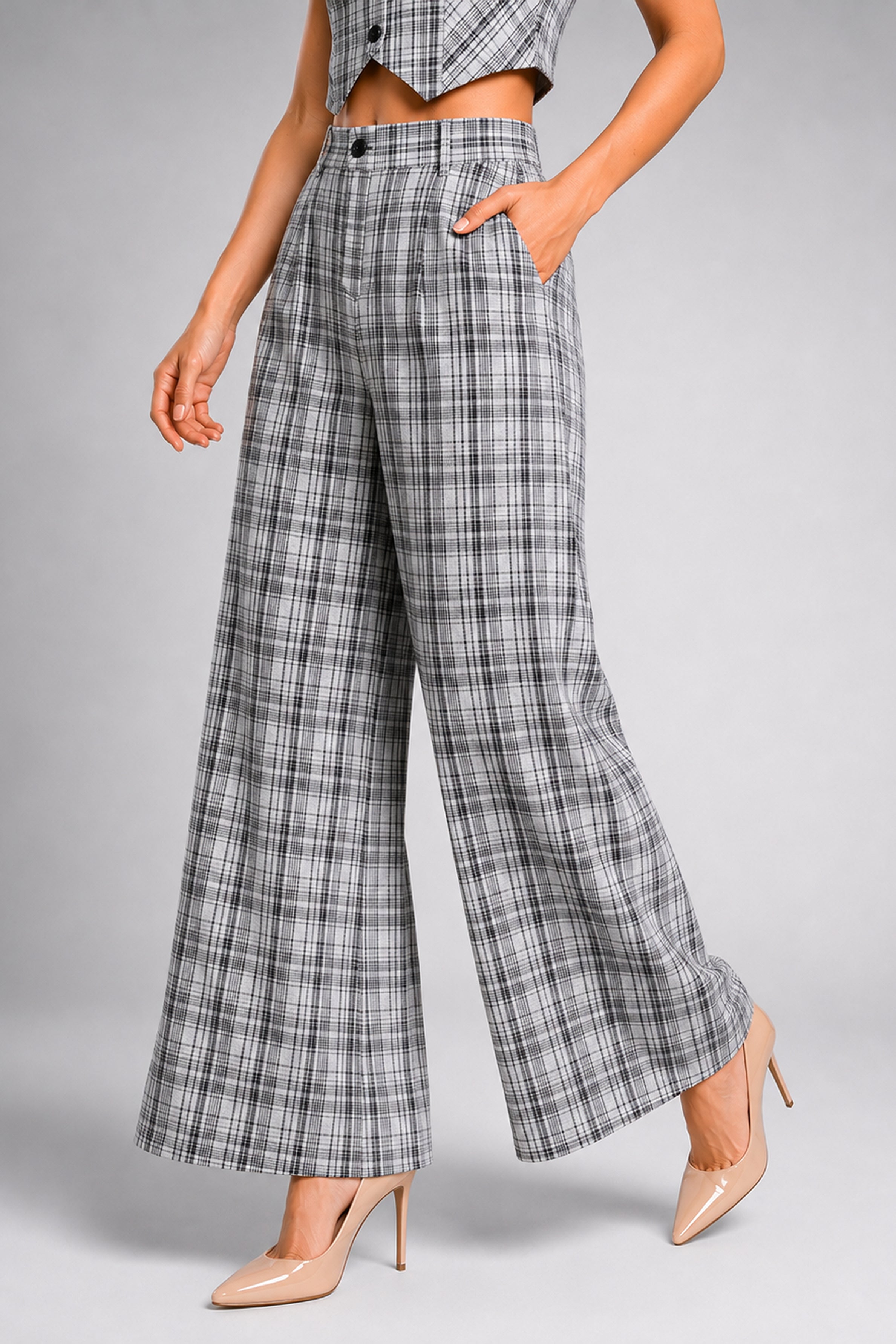 Envogue Formal Wide Leg Check Pant - Off White