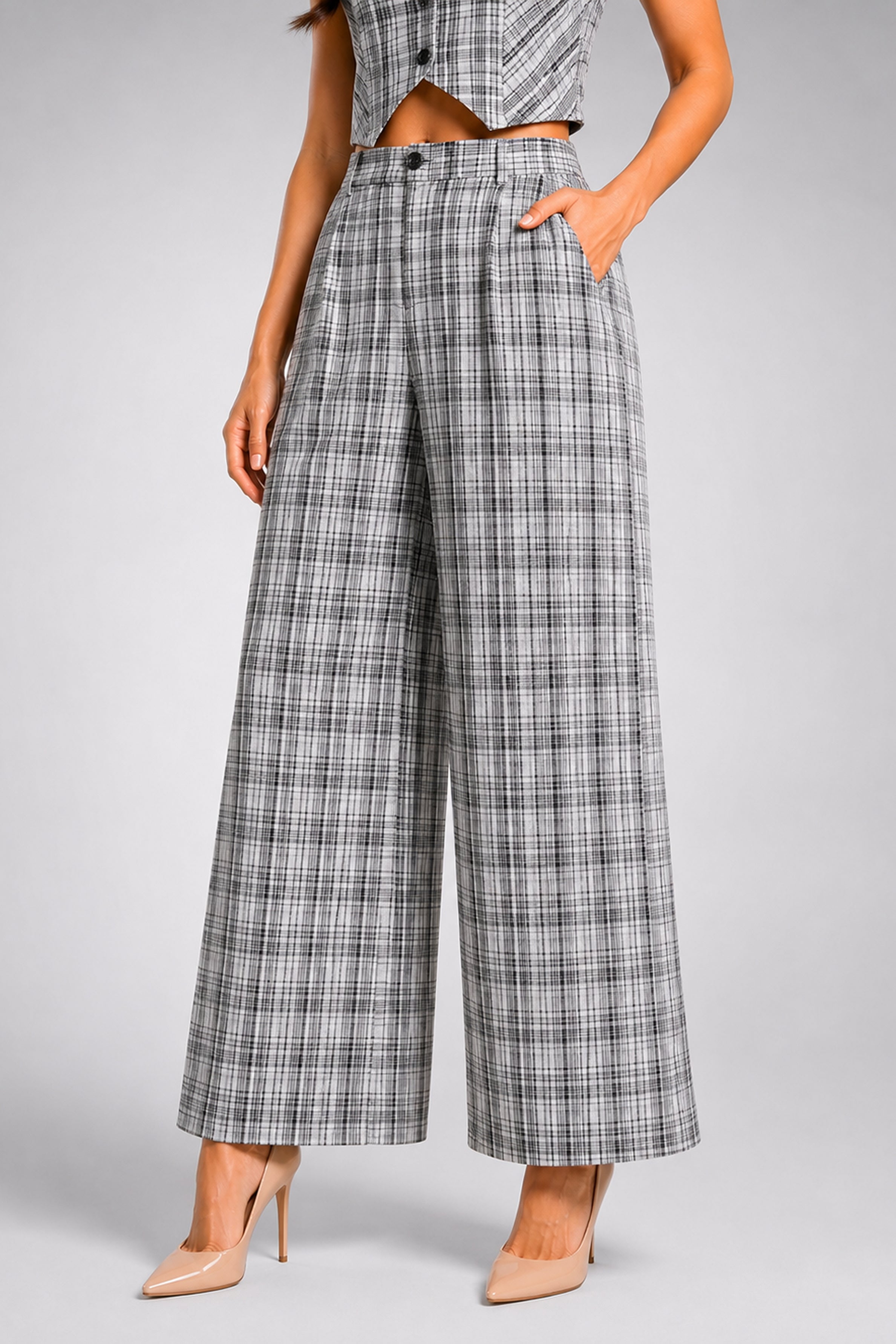 Envogue Formal Wide Leg Check Pant - Off White