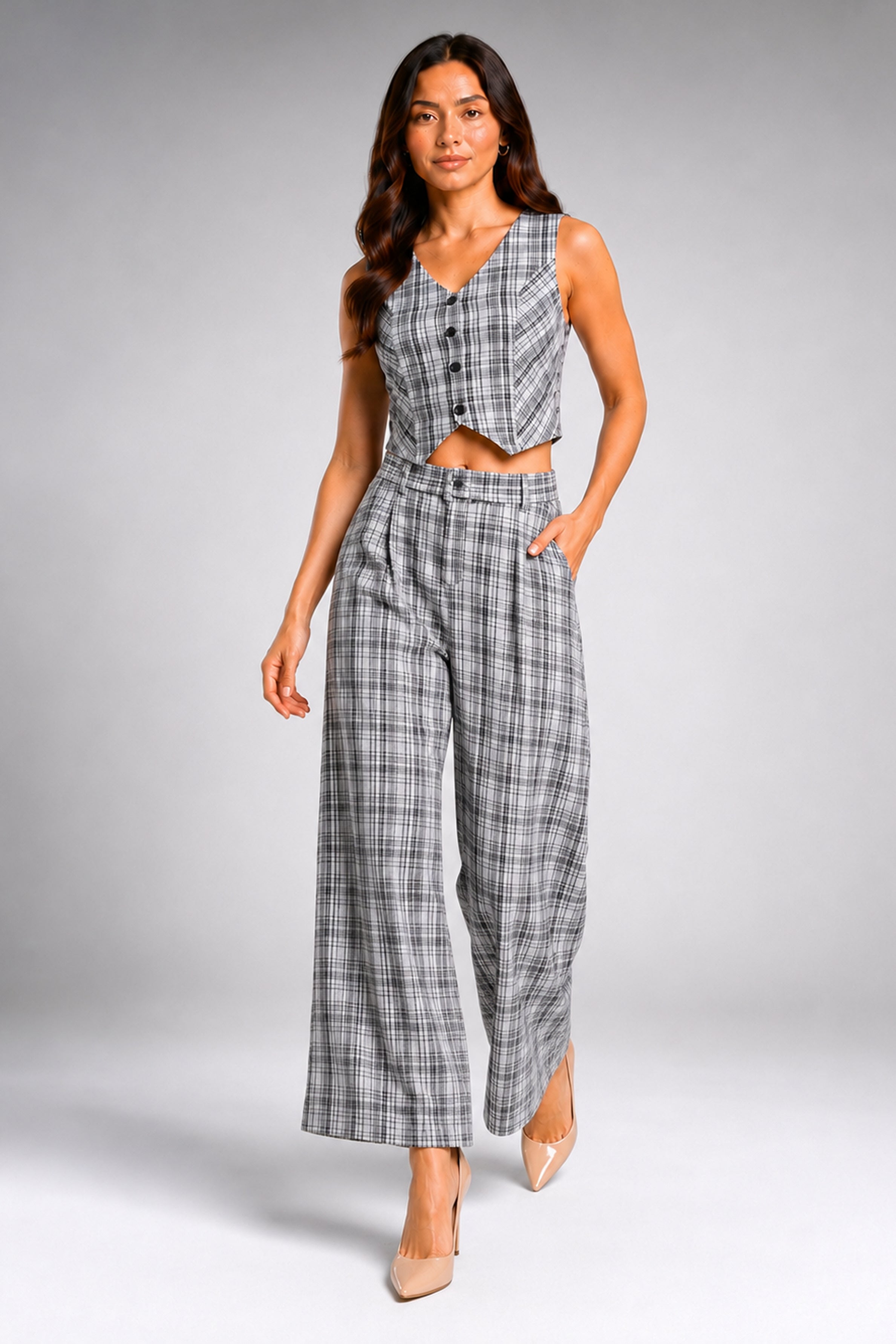 Envogue Formal Wide Leg Check Pant - Off White
