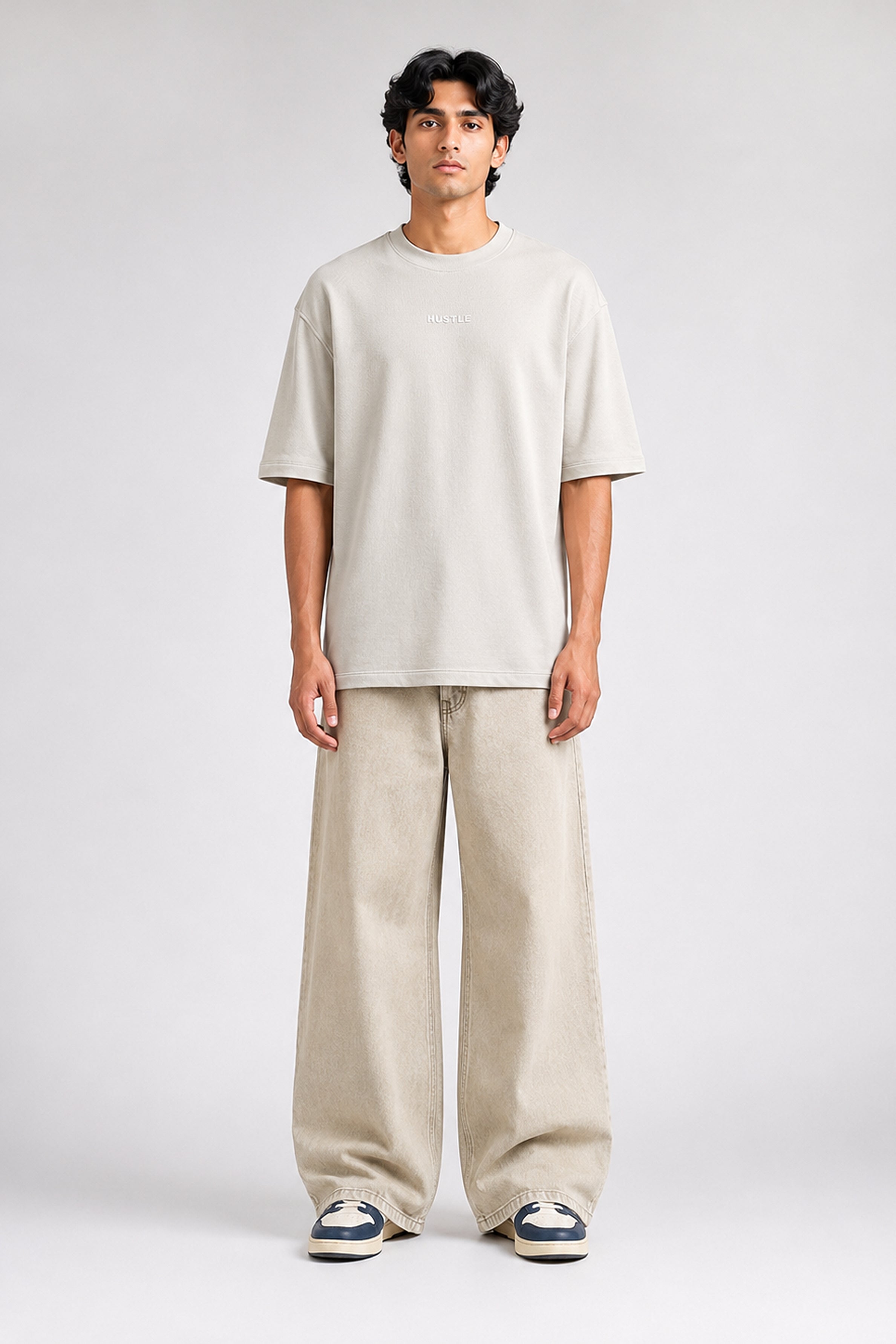 HUSTLE Men's Crew Neck Oversized Tees - Beige