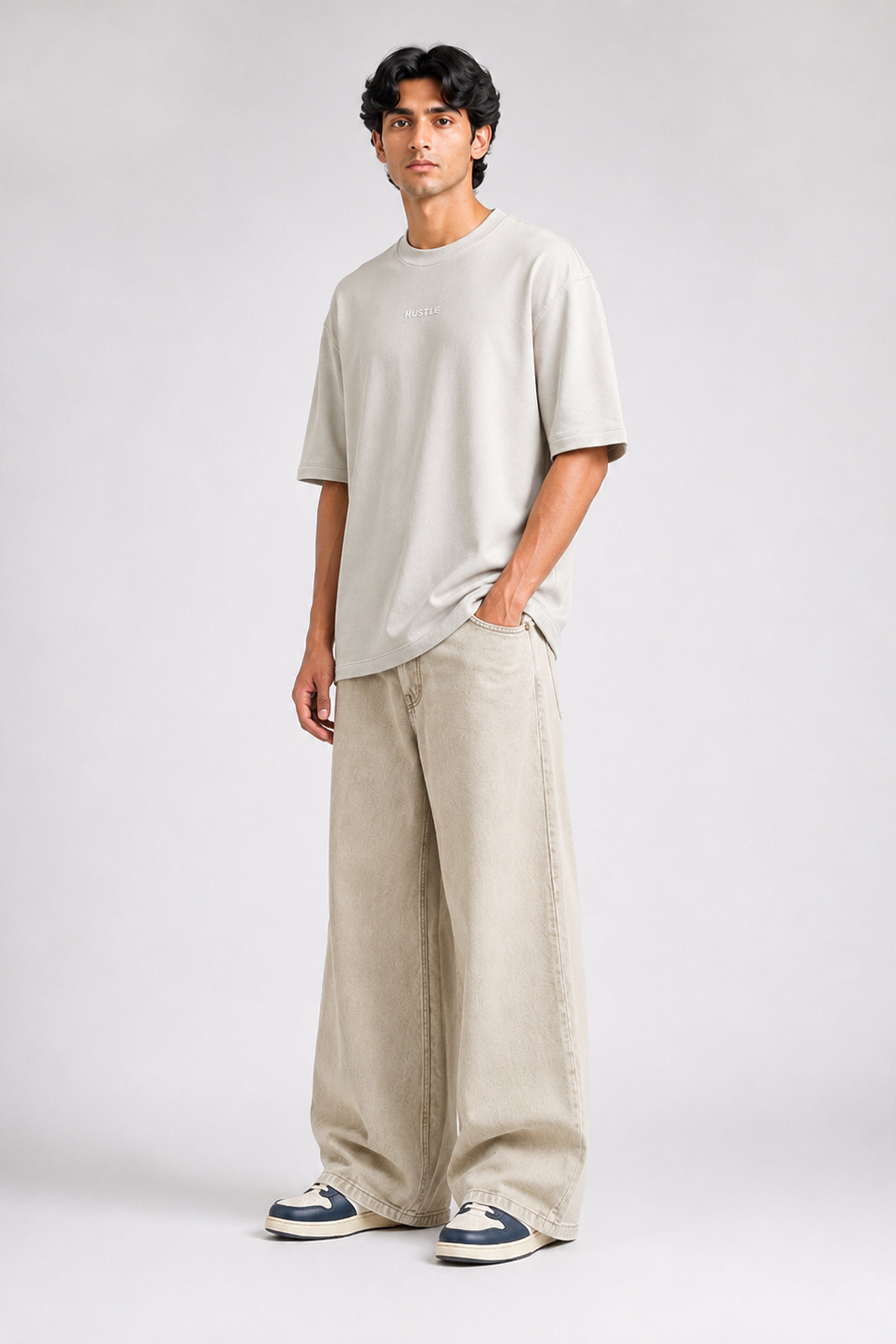 HUSTLE Men's Crew Neck Oversized Tees - Beige