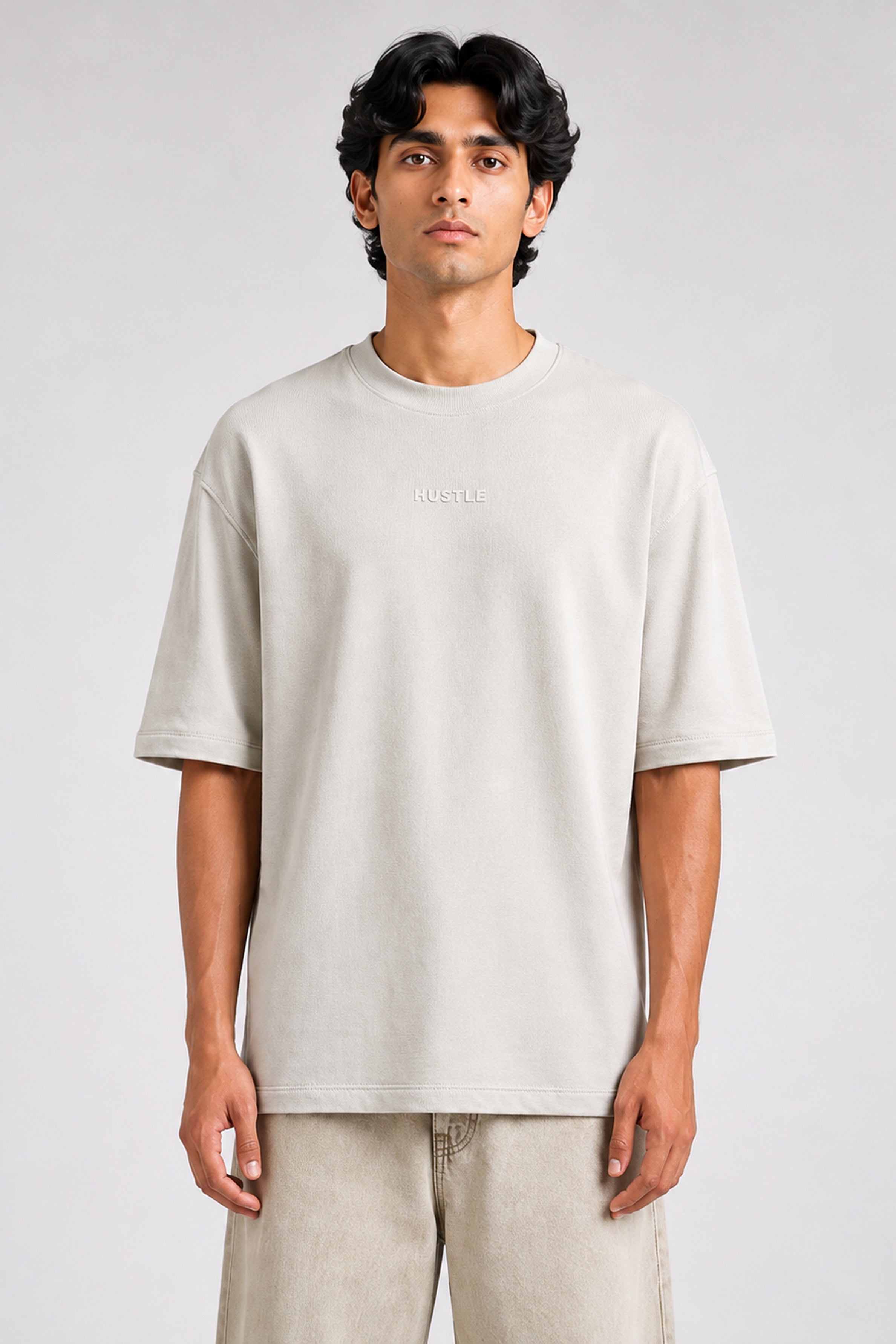 HUSTLE men's beige oversized crew neck T-shirt in 220 GSM cotton blend