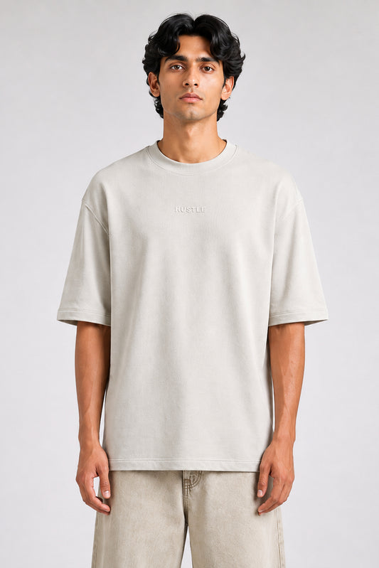 HUSTLE men's beige oversized crew neck T-shirt in 220 GSM cotton blend
